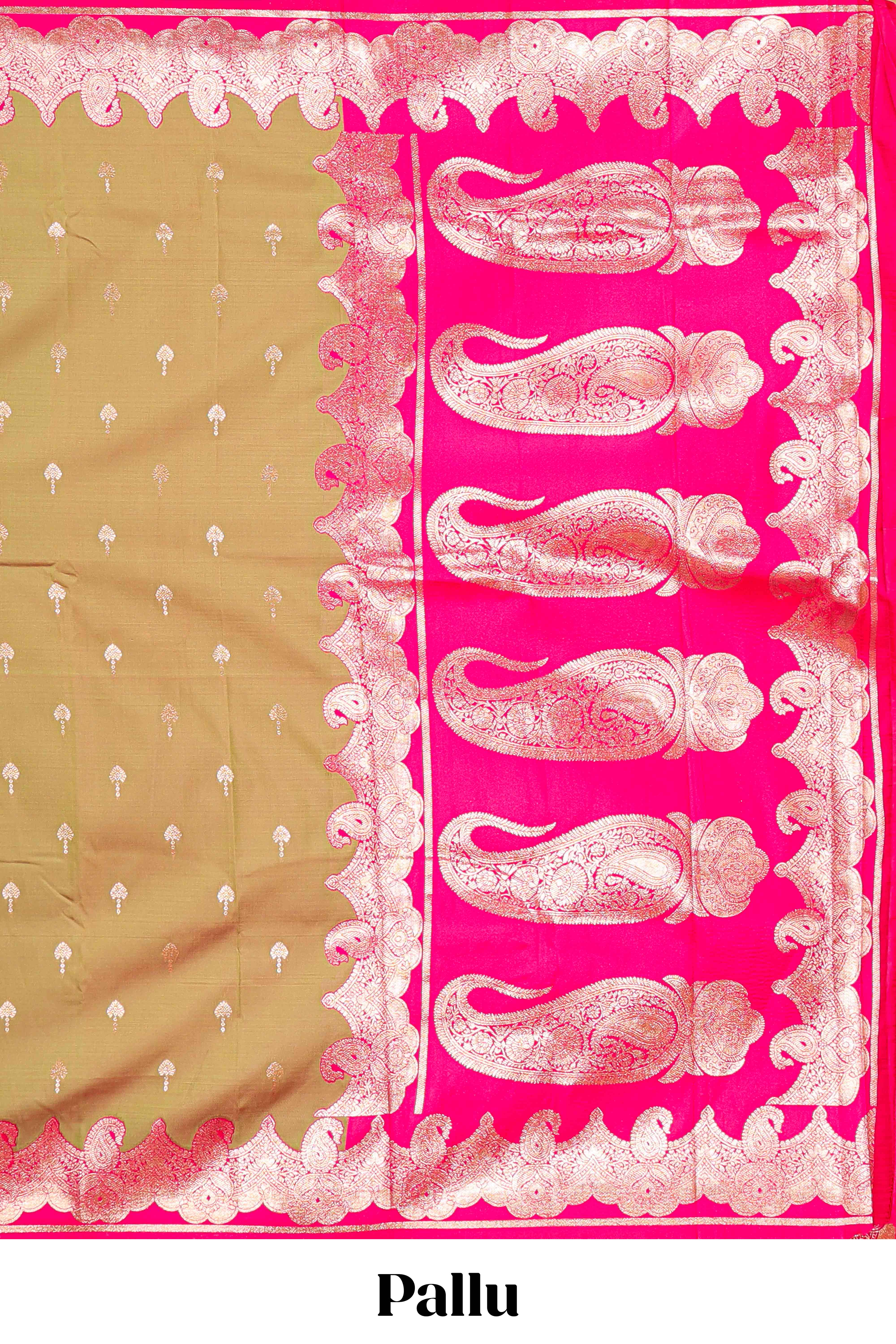 Semi Soft Silk Saree Body All over Golden Zari Butta And Mango Motifs Zari Border With Rich Pallu - Image 4