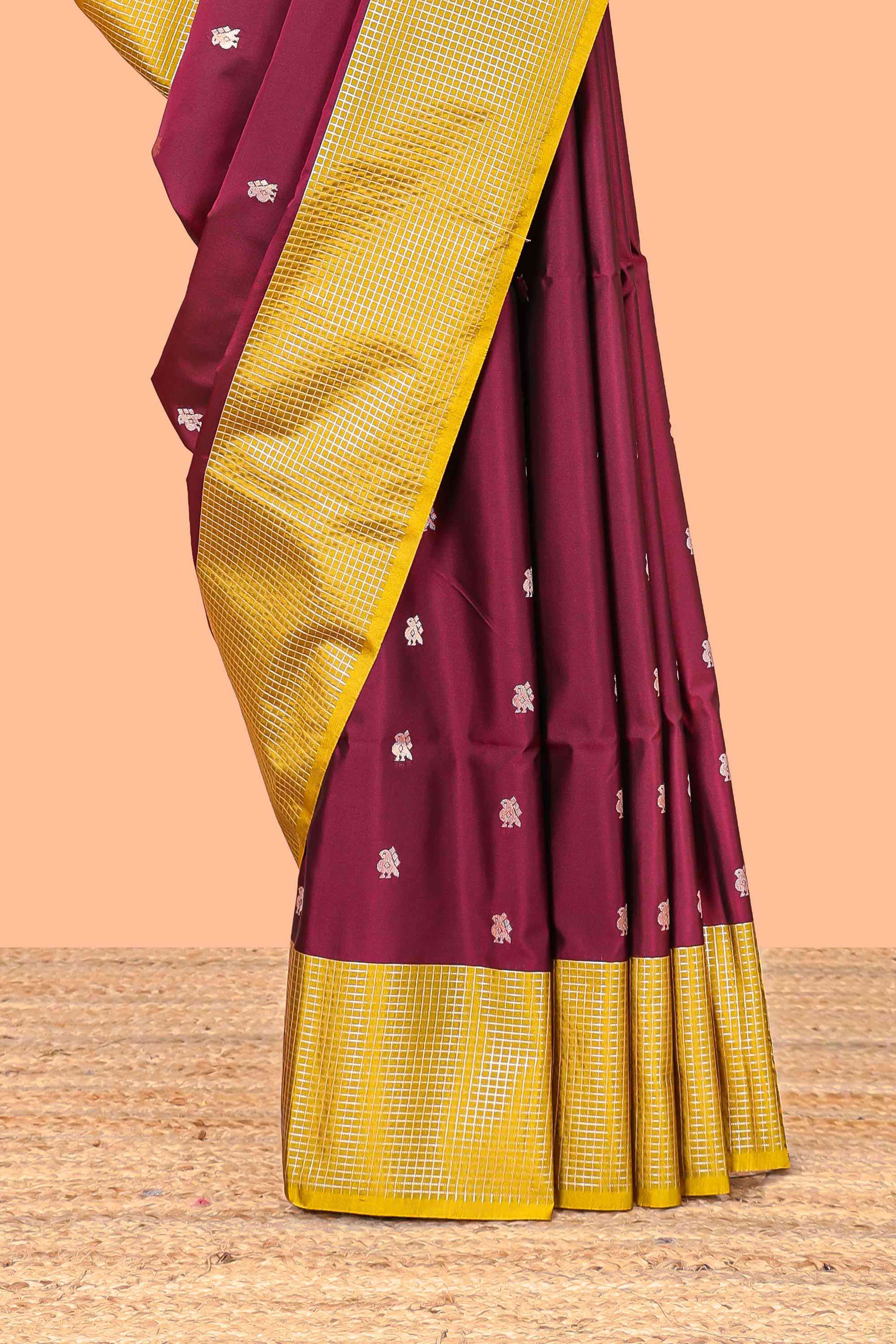 Semi Soft Silk Saree Body with Silver Ethnic Border and Grand Pallu with Contrast Blouse - Image 3