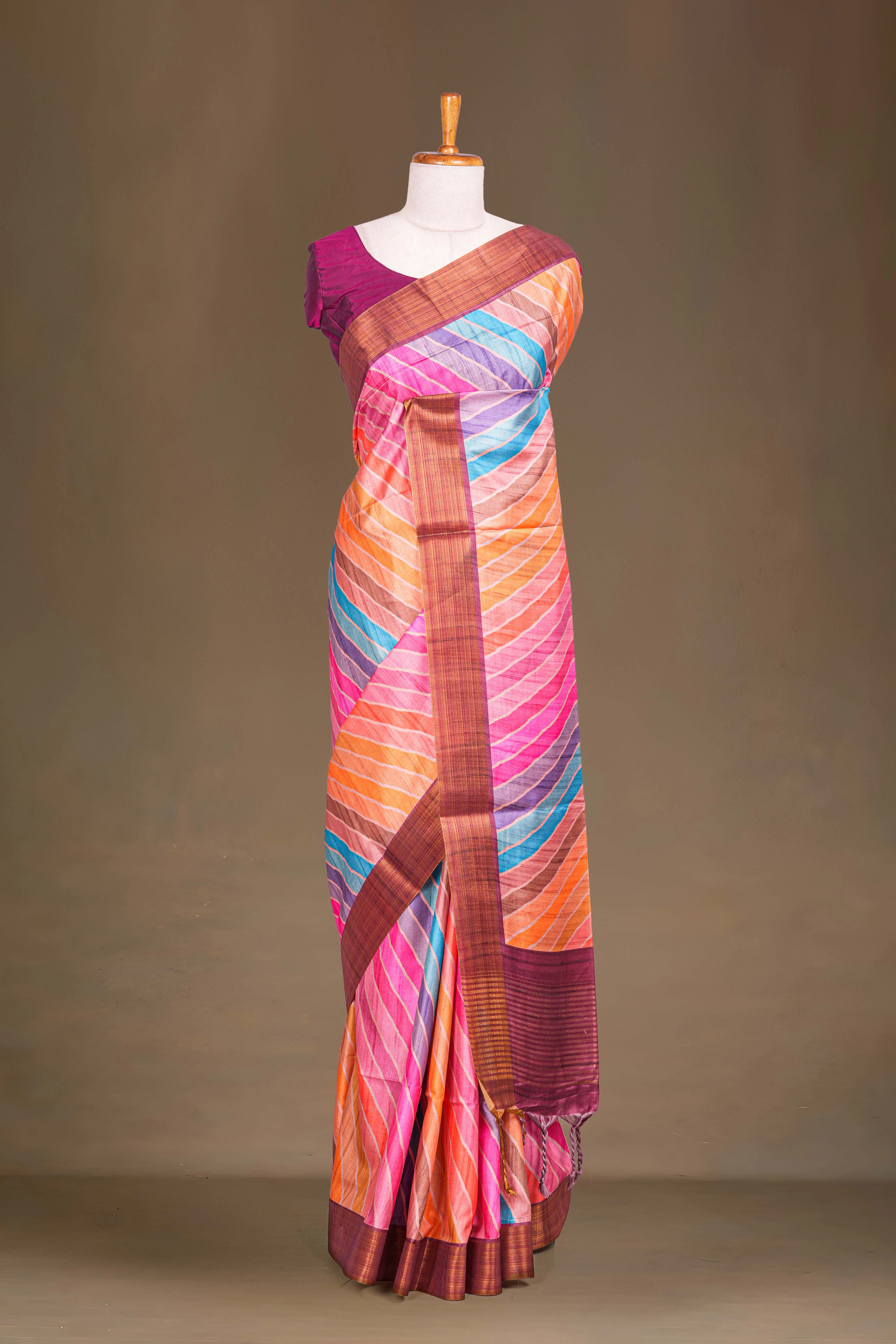 Semi Tussar Saree Multi Color Strips Across The Body With Contrast Pallu - Image 2