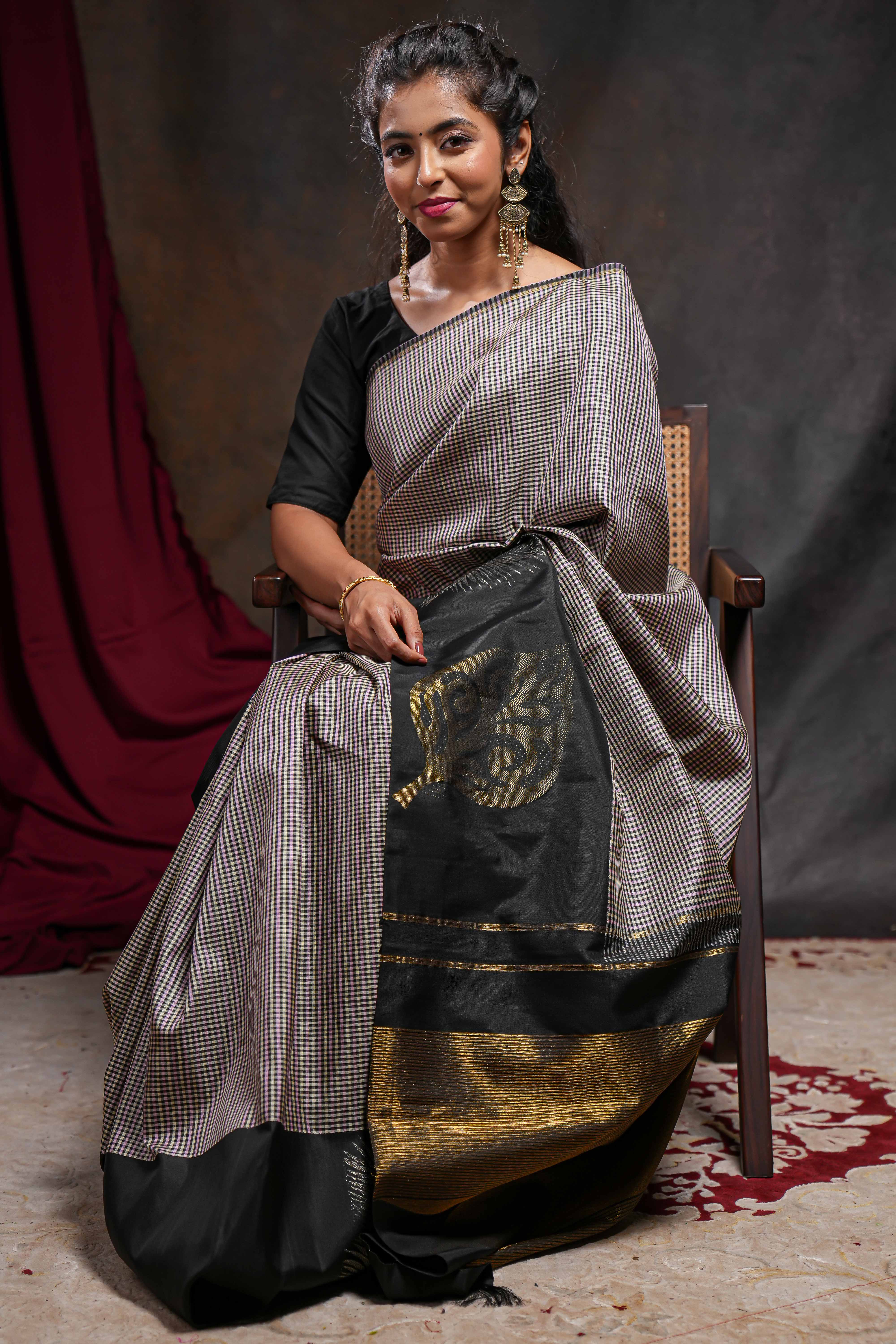 Multi color checked parambariya pattu saree with contrast leaf zari border and golden zari pallu - Image 3