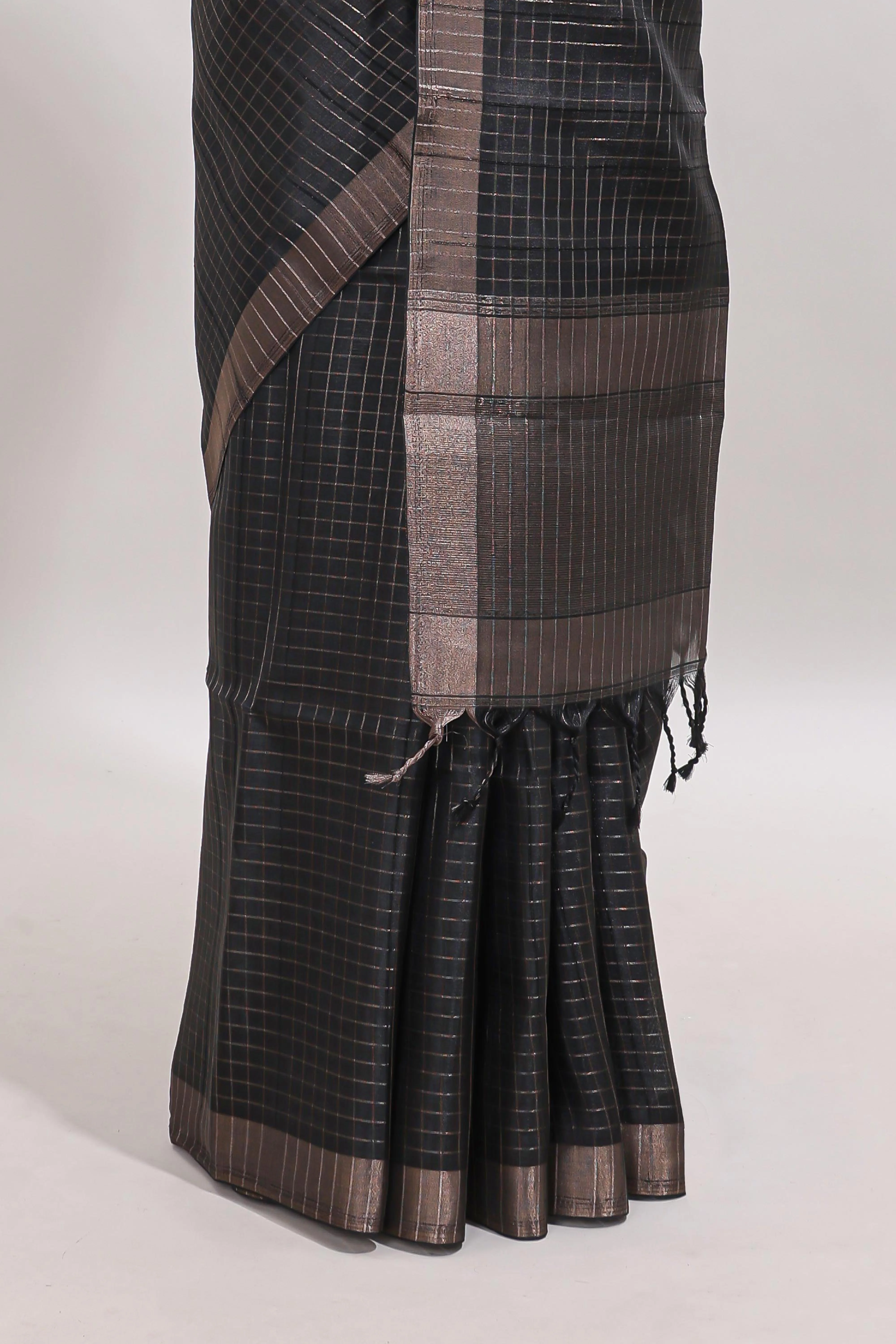 Black checked tussar saree with self zari border and matching striped blouse - Image 4