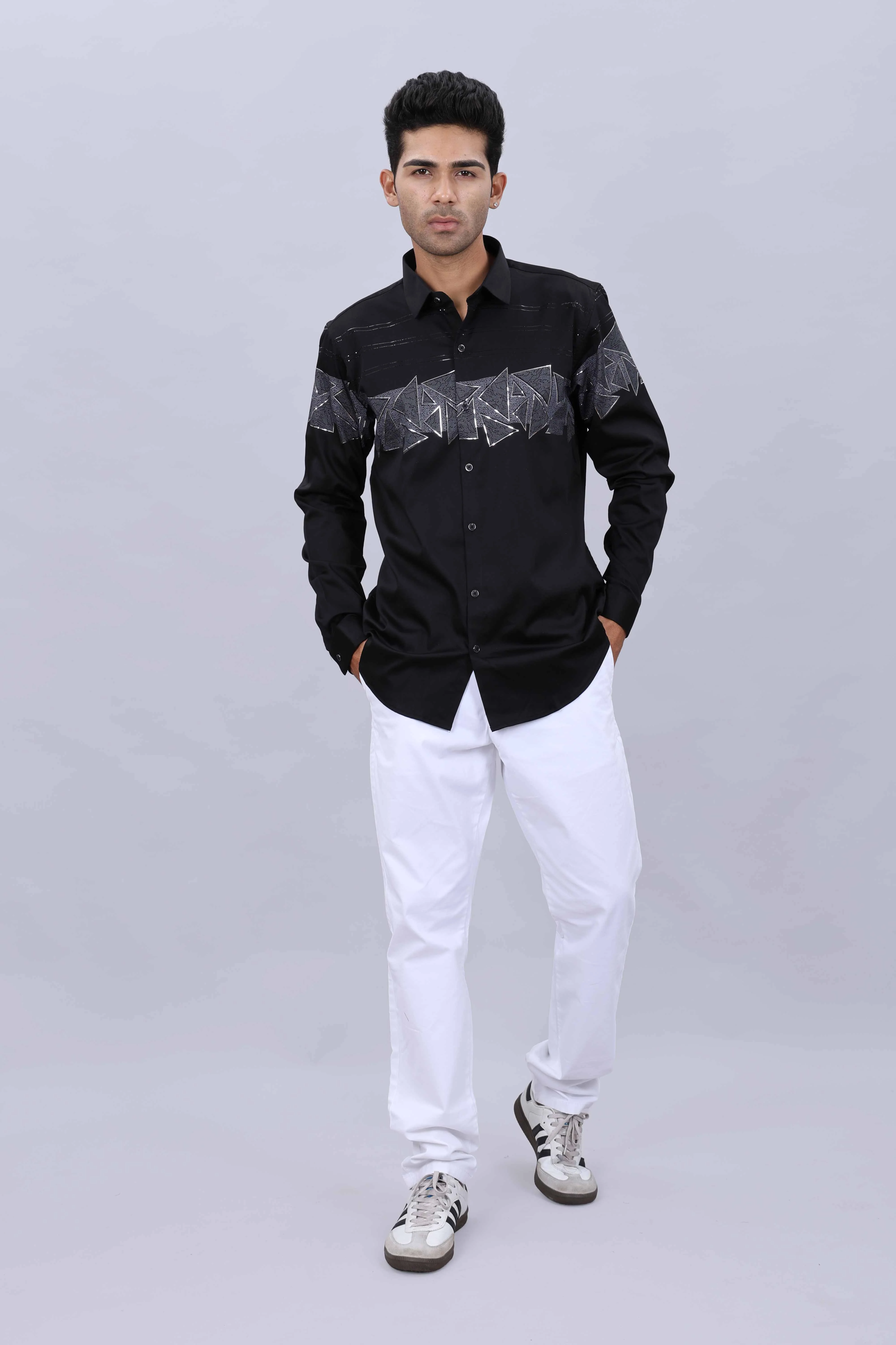 Men’s Fancy Printed Collar Slim Fit Casual Satin Stone Shirt