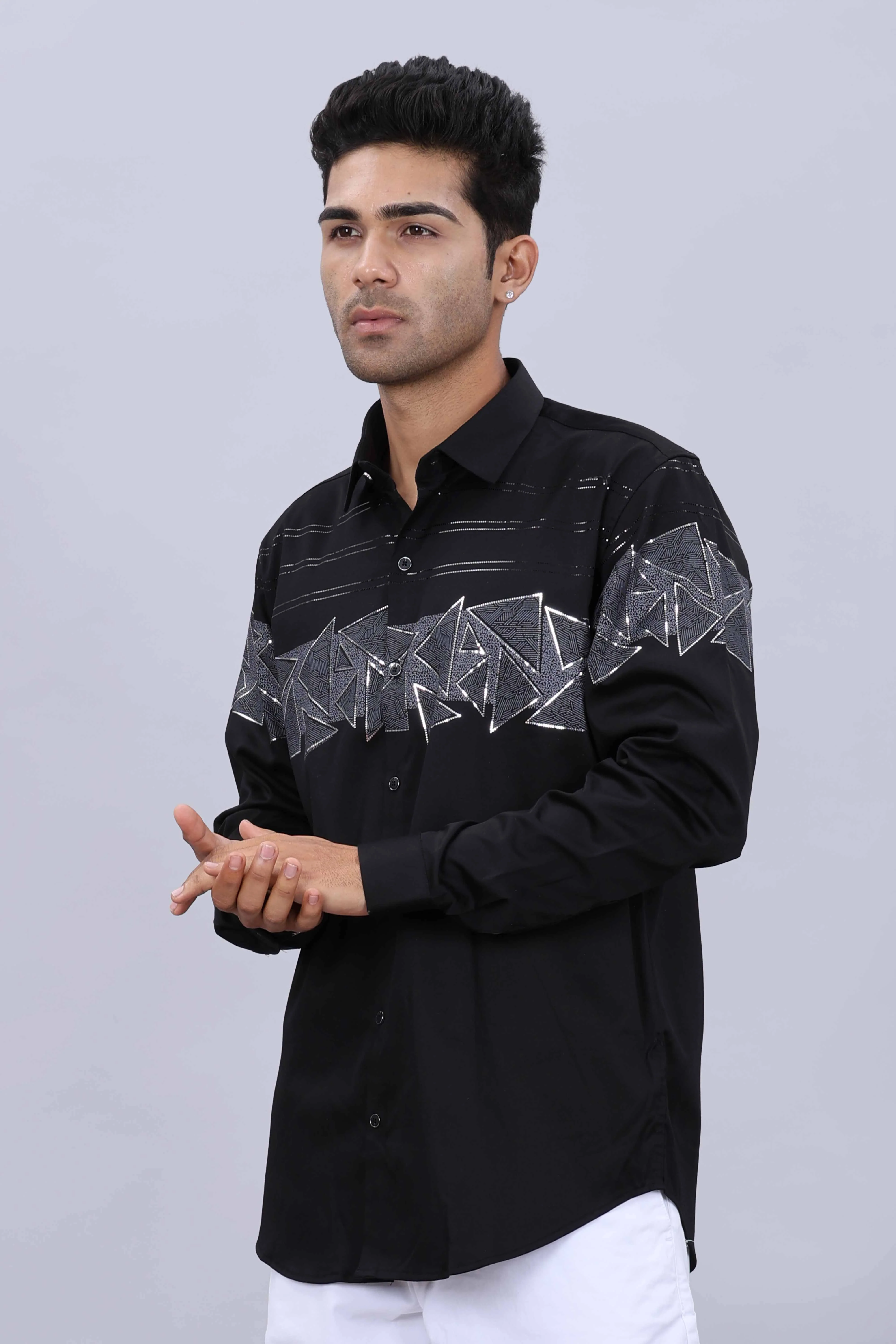 Men’s Fancy Printed Collar Slim Fit Casual Satin Stone Shirt - Image 3