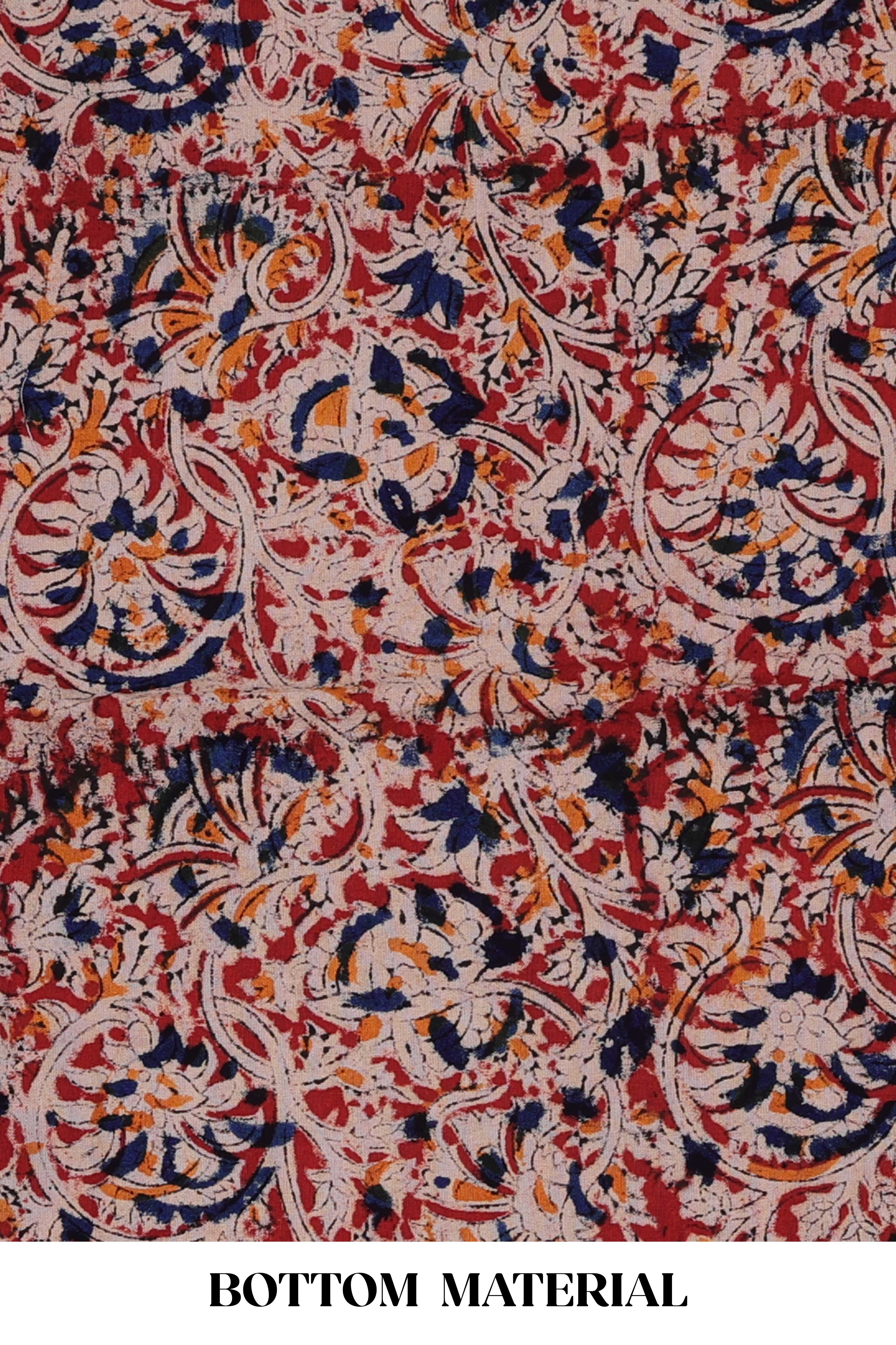 Blue plain cotton chudidhar material with kalamkari style bottom and dupatta - Image 3