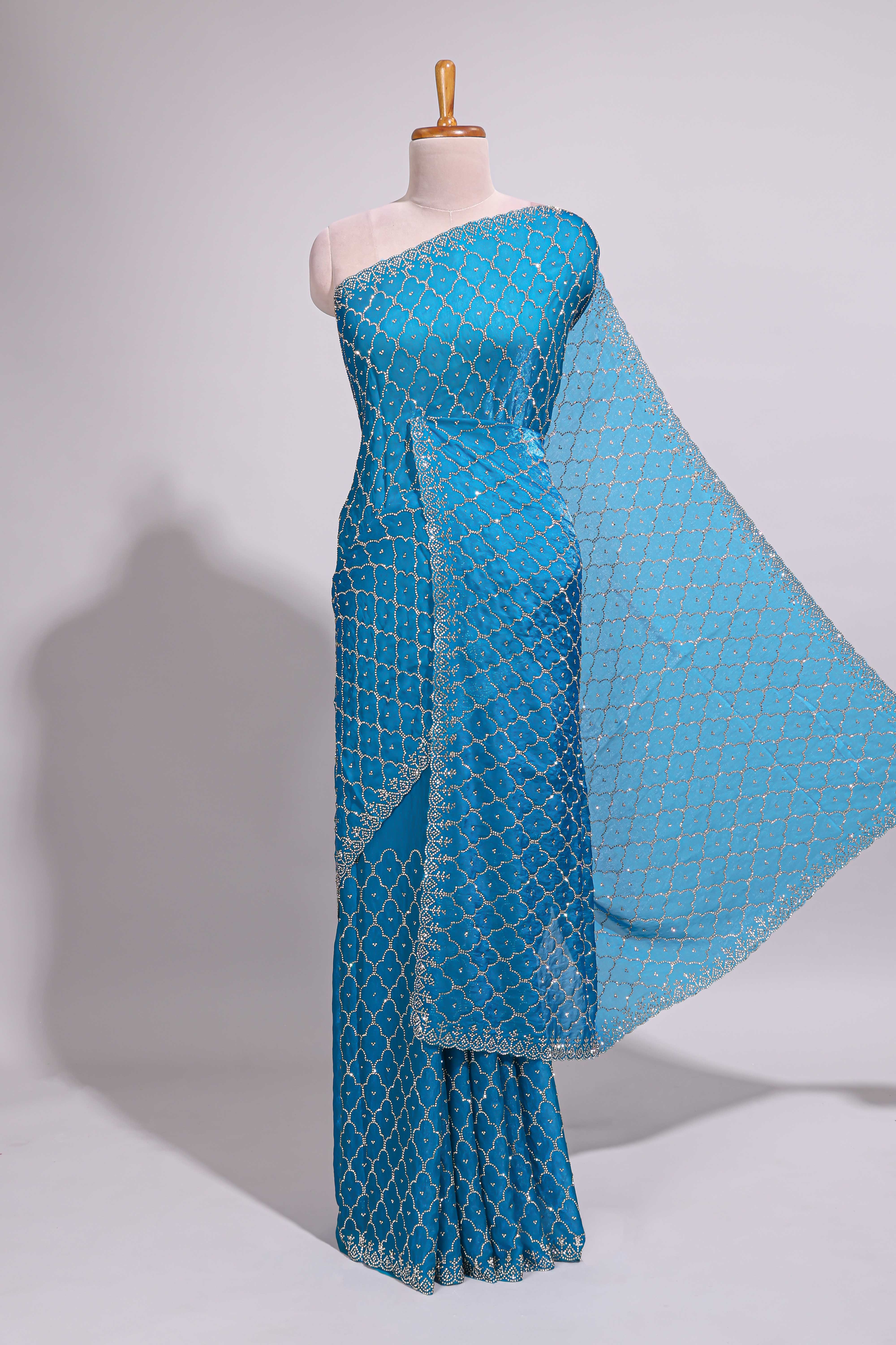 Blue saree with all over scallop pattern embroidery sequin detailing and a delicate embellished border along with matching blouse - Image 2