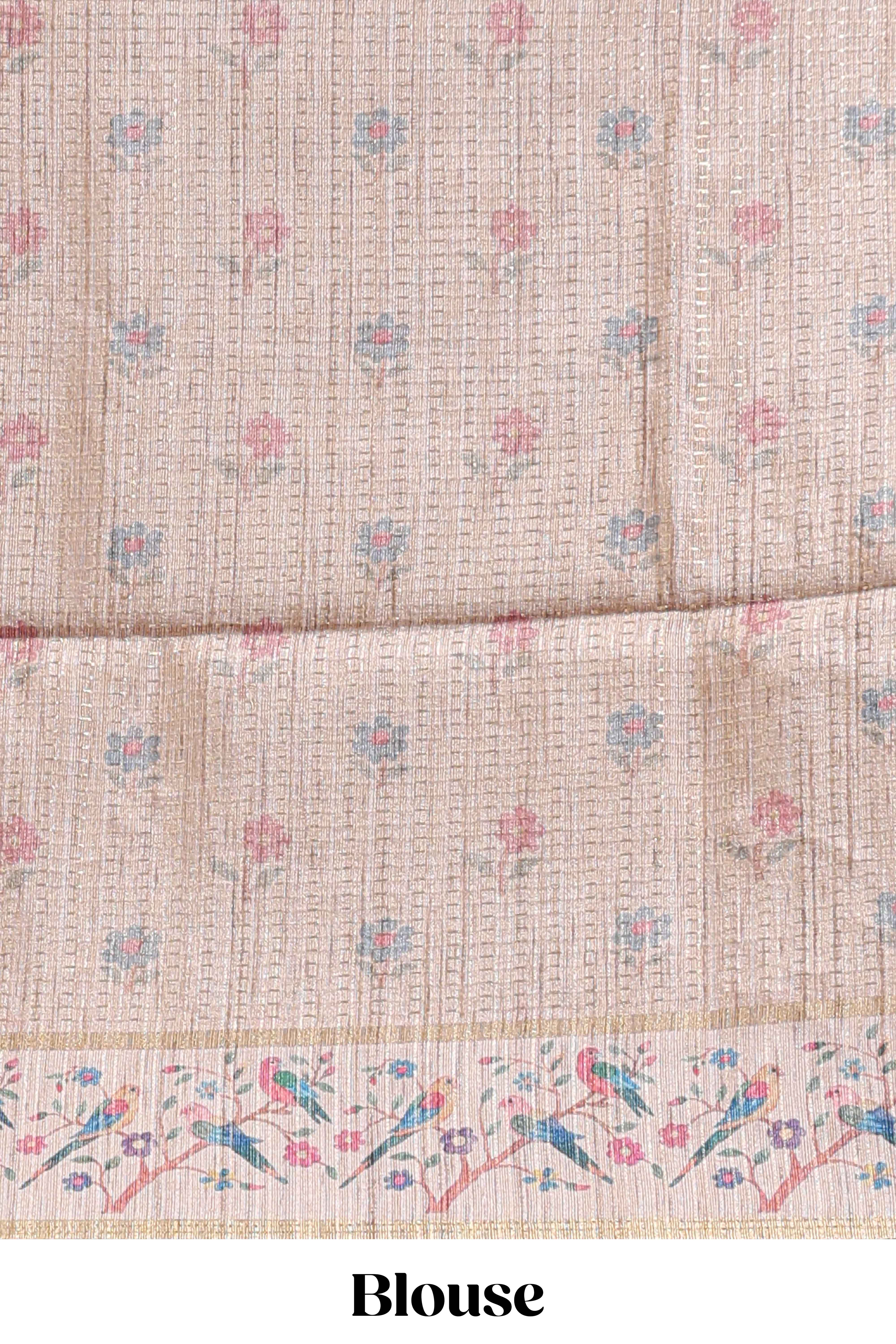 Blue striped tussar saree with contrast birds & floral design border and floral printed blouse - Image 5