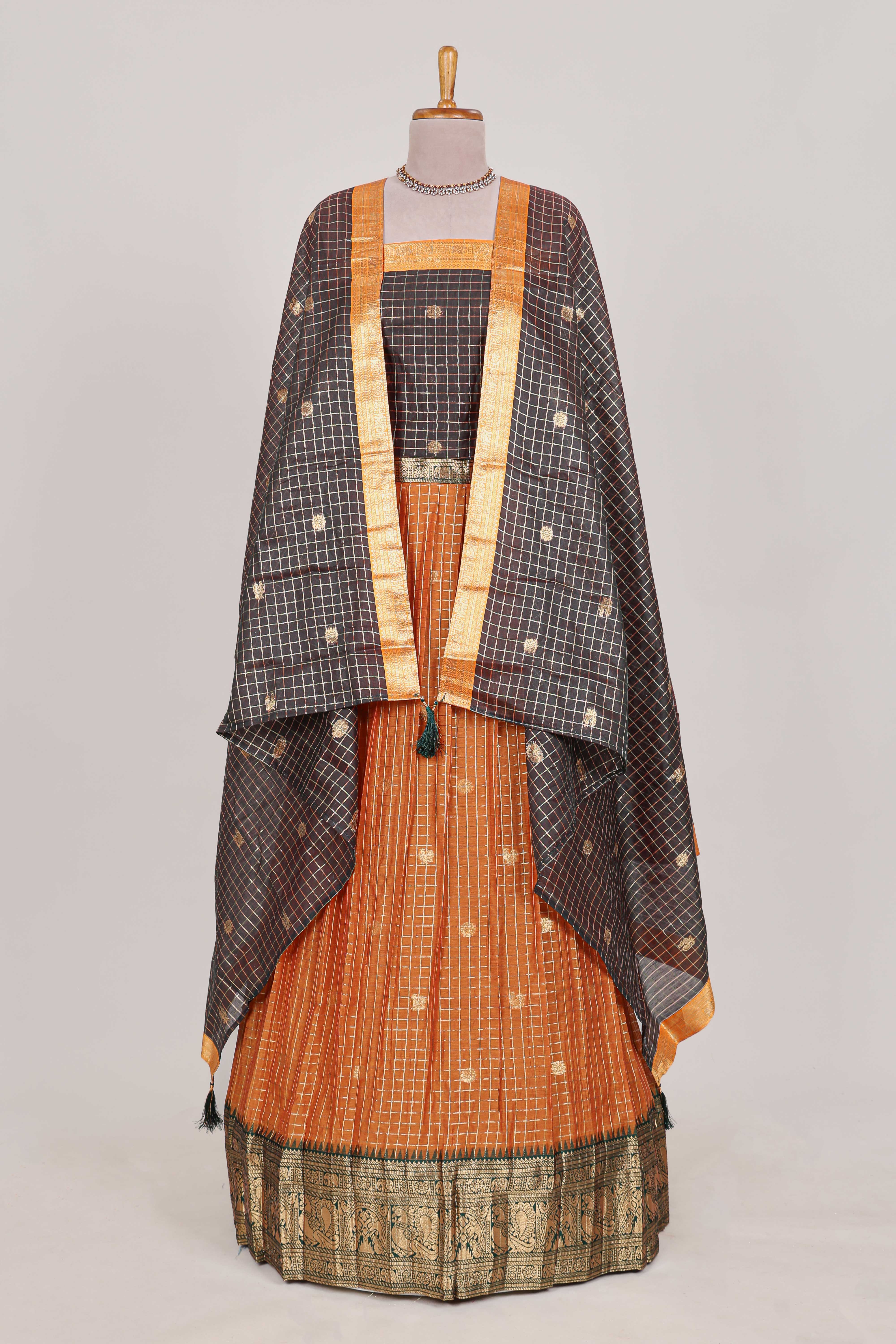 Brown and Orange Chettinad Art Cotton Half Saree with Gold Zari Checks Traditional Border and Elegant Woven Detailing Shawl with a Waist Belt - Image 3