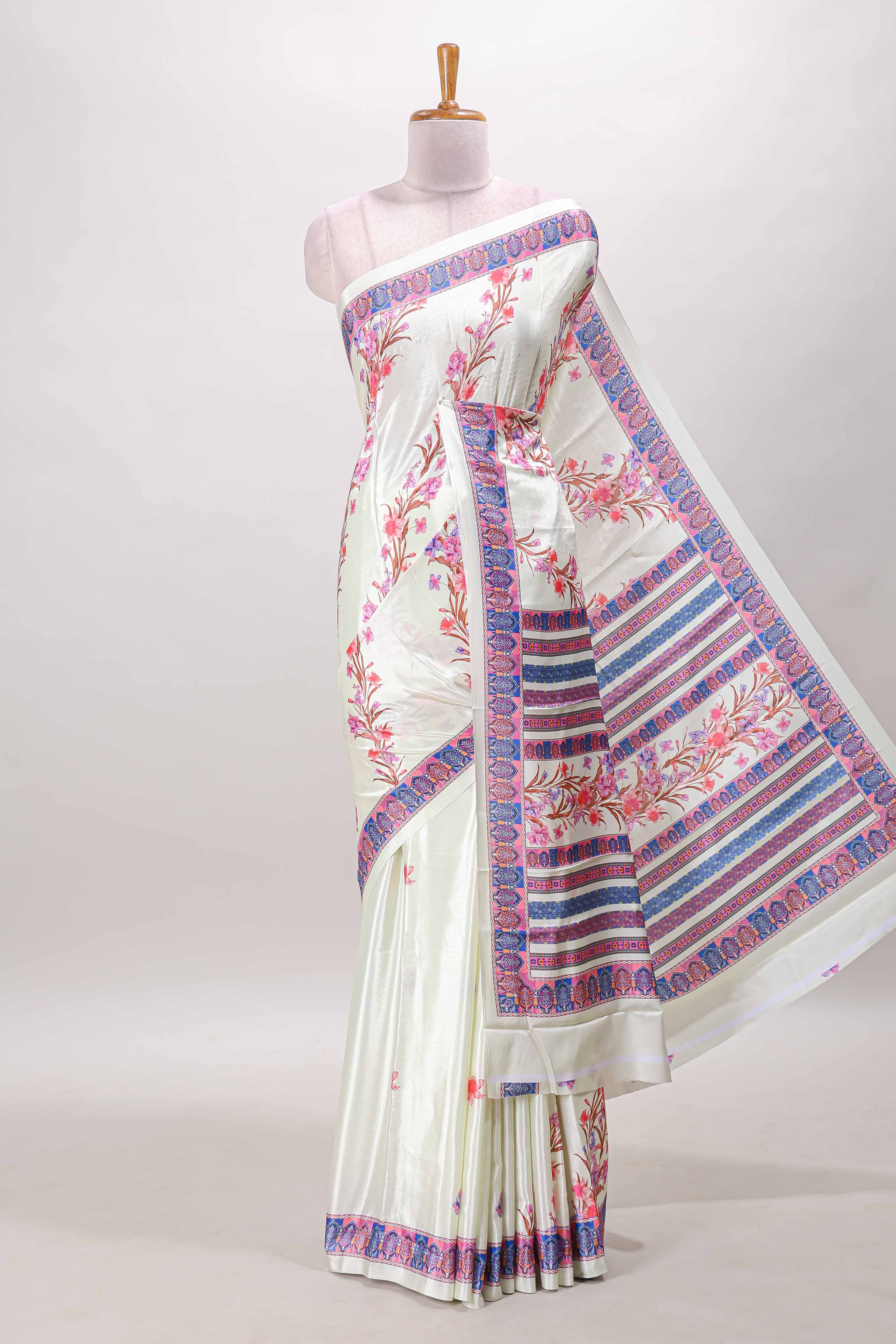 Cream floral print georgette saree with self floral design border matching striped pallu
