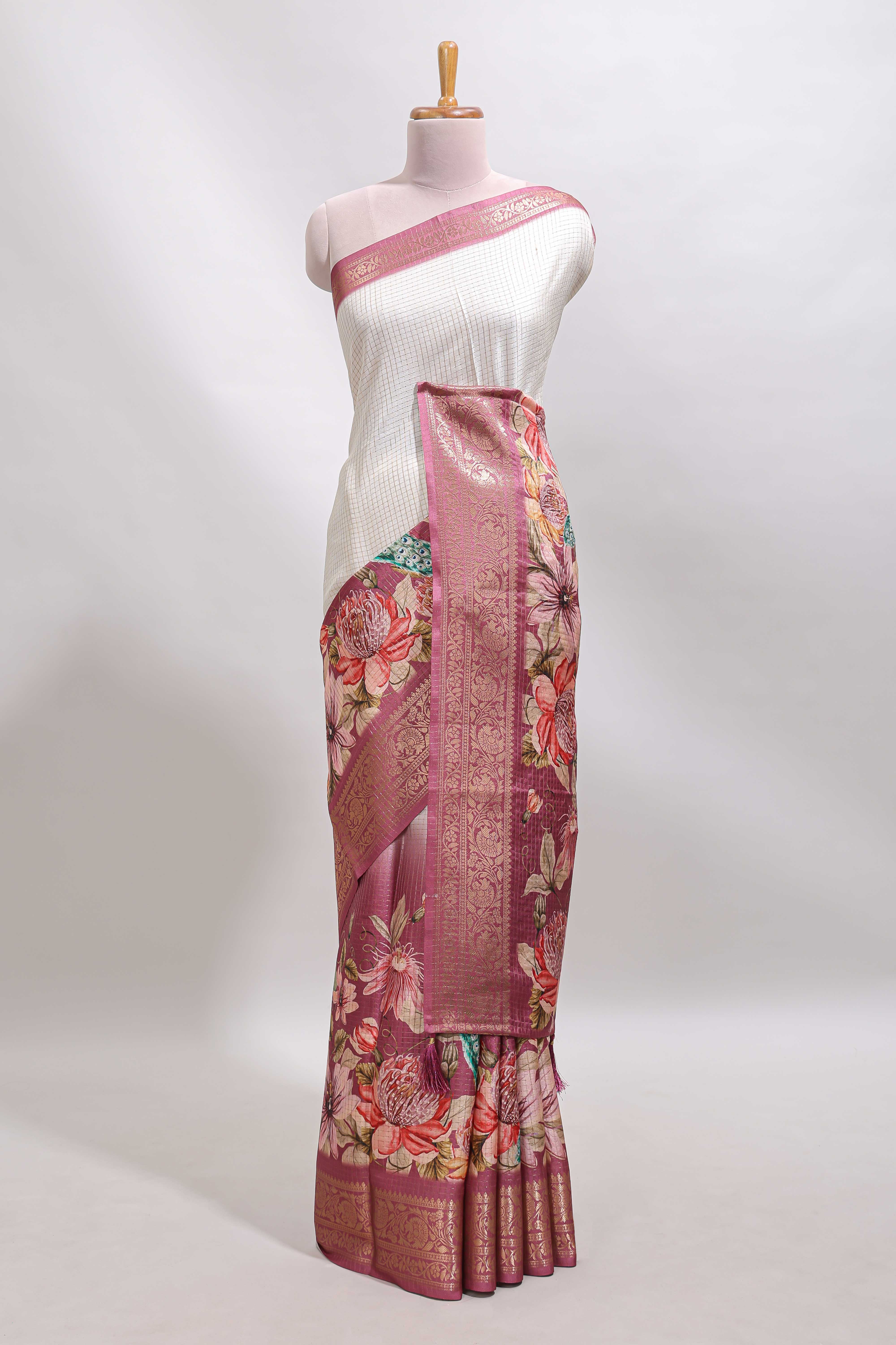 Cream & peach dual shade checked peacock & floral design tussar saree with self zari border and matching blouse - Image 2