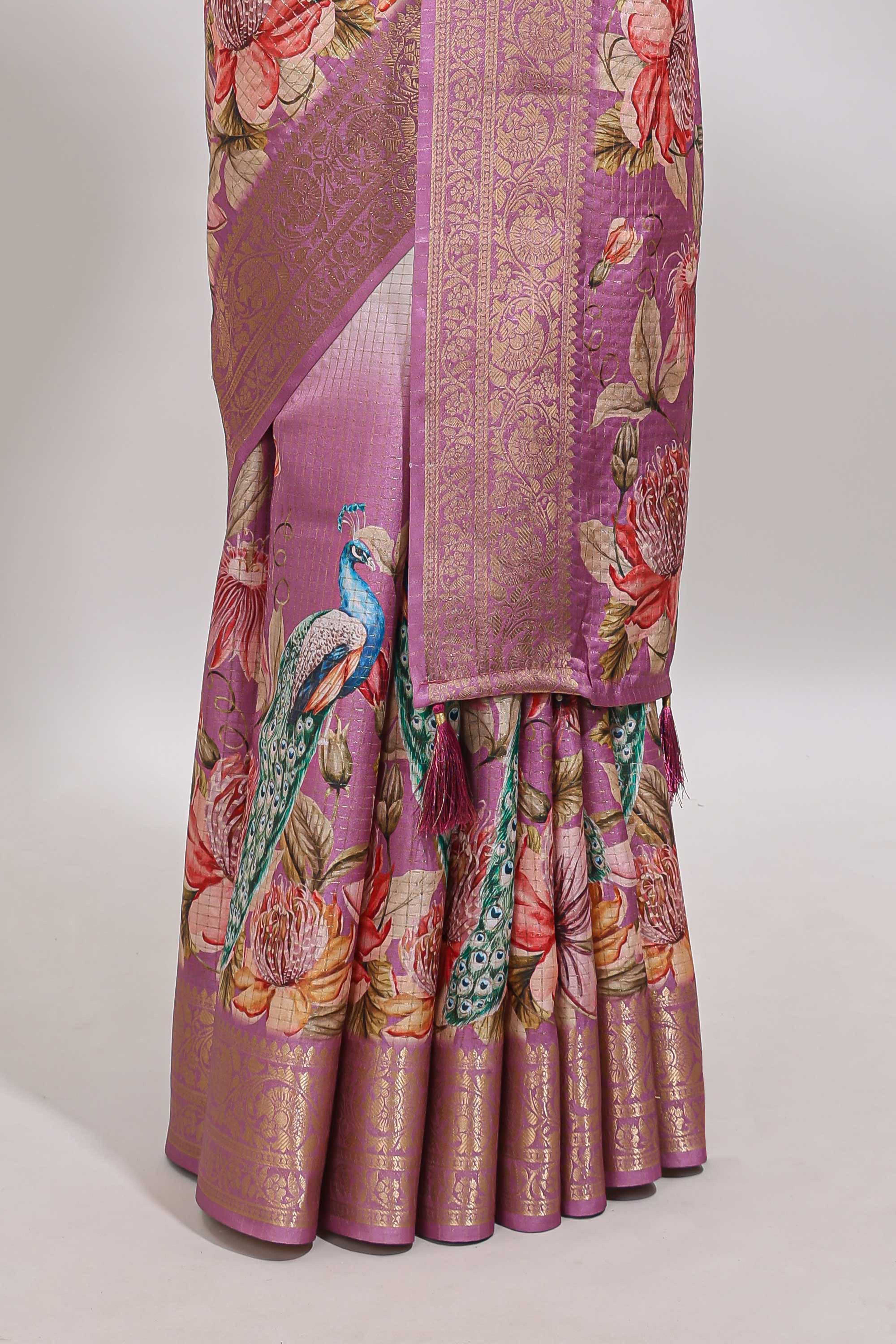 Cream & pink dual shade checked peacock & floral design tussar saree with self zari border and matching blouse - Image 4