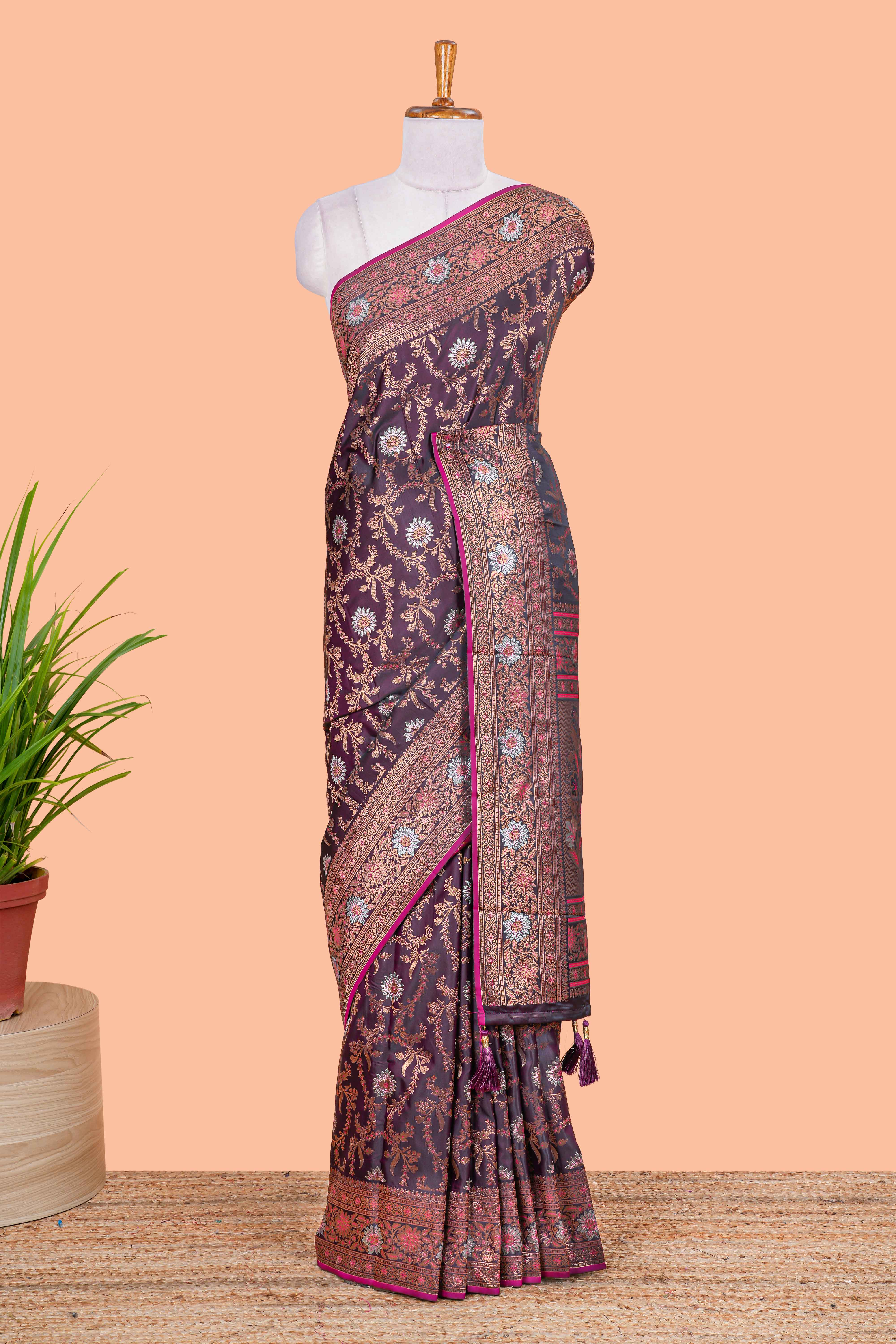 Dark Maroon Satin Silk Saree All Over Body Woven Jaal Design - Image 2