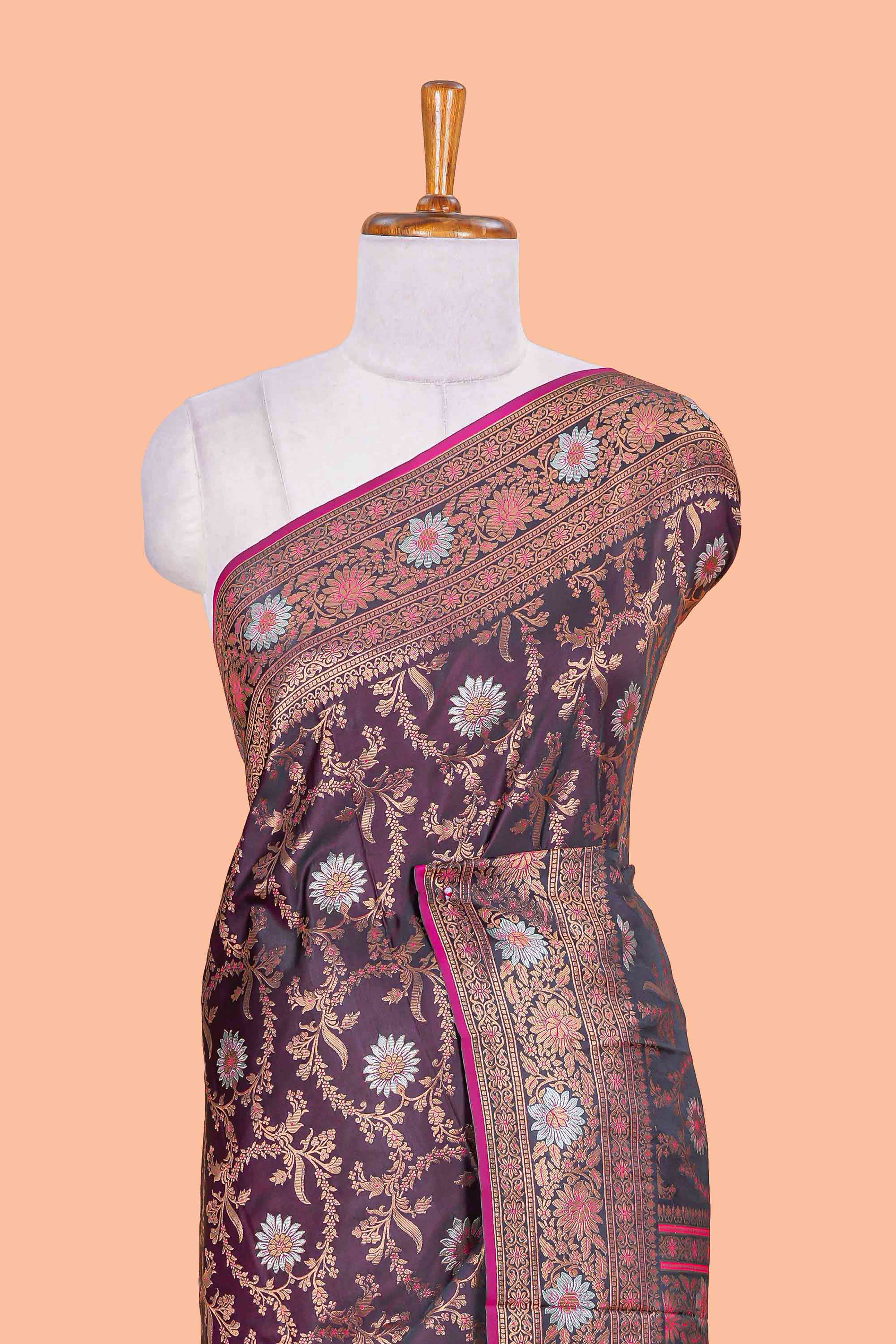 Dark Maroon Satin Silk Saree All Over Body Woven Jaal Design - Image 3