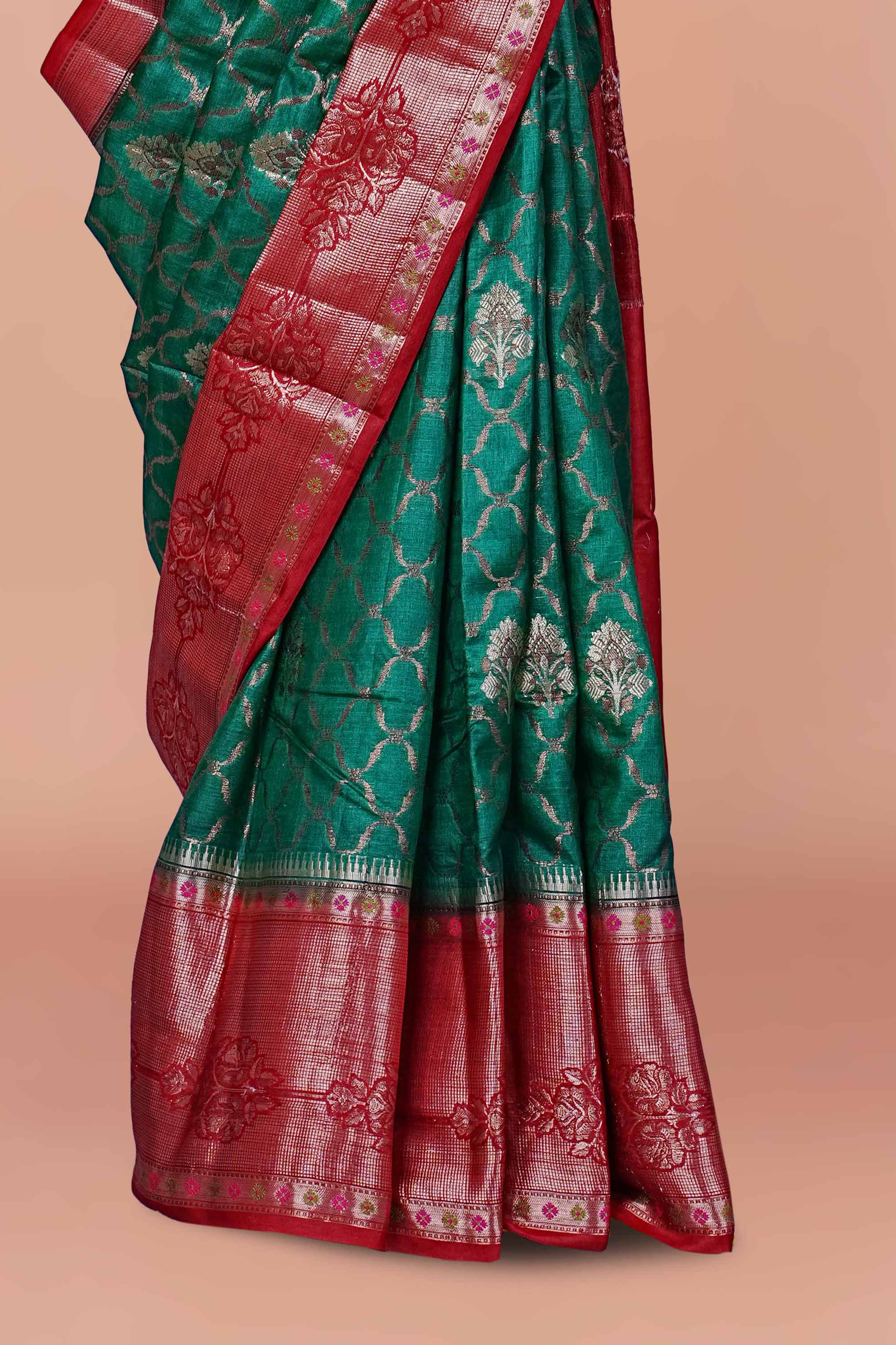 Emerald Green & Maroon Pure Tussar Silk Saree with Intricate Silver Zari Work and Rich Contrast Border - Image 3