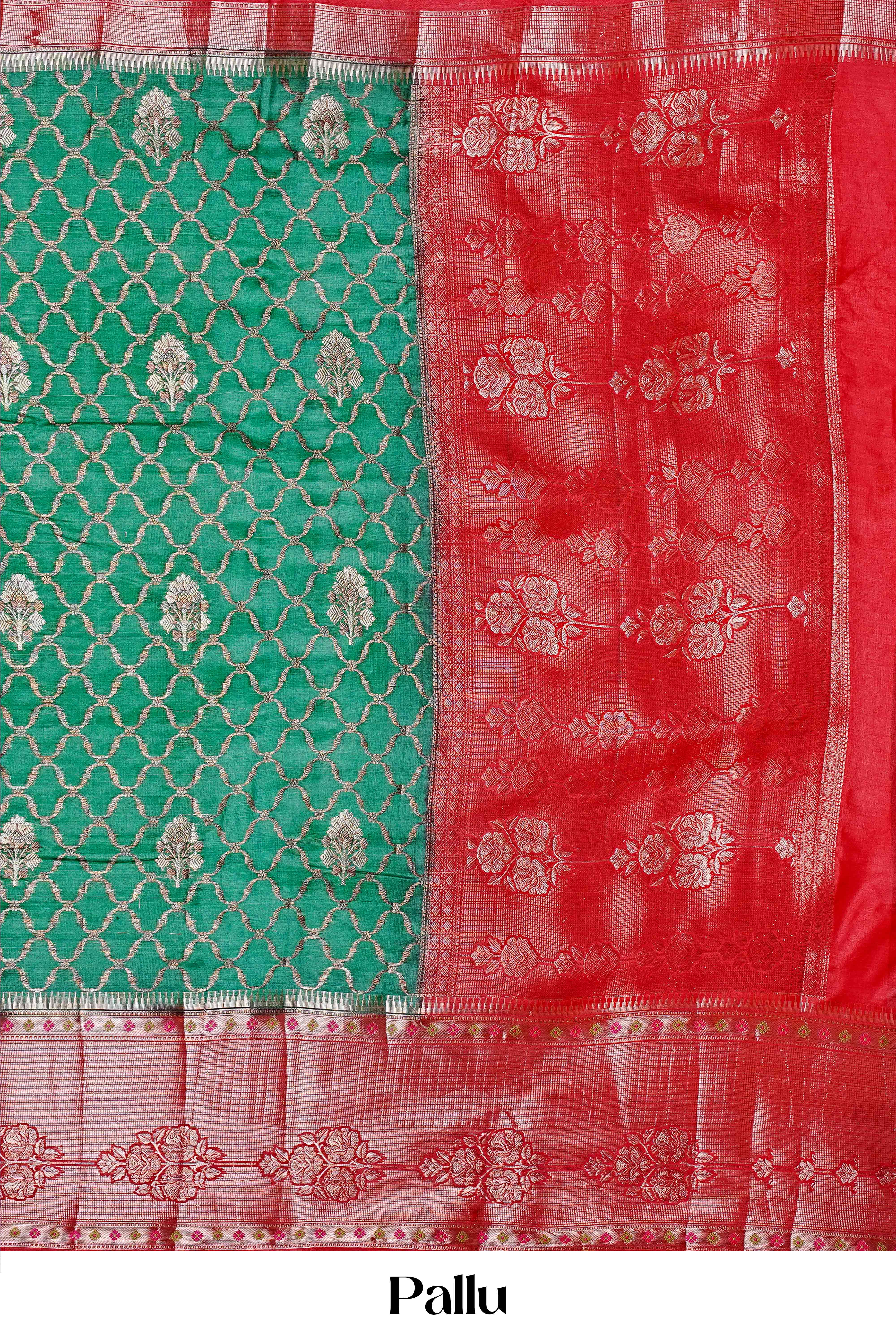 Emerald Green & Maroon Pure Tussar Silk Saree with Intricate Silver Zari Work and Rich Contrast Border - Image 4