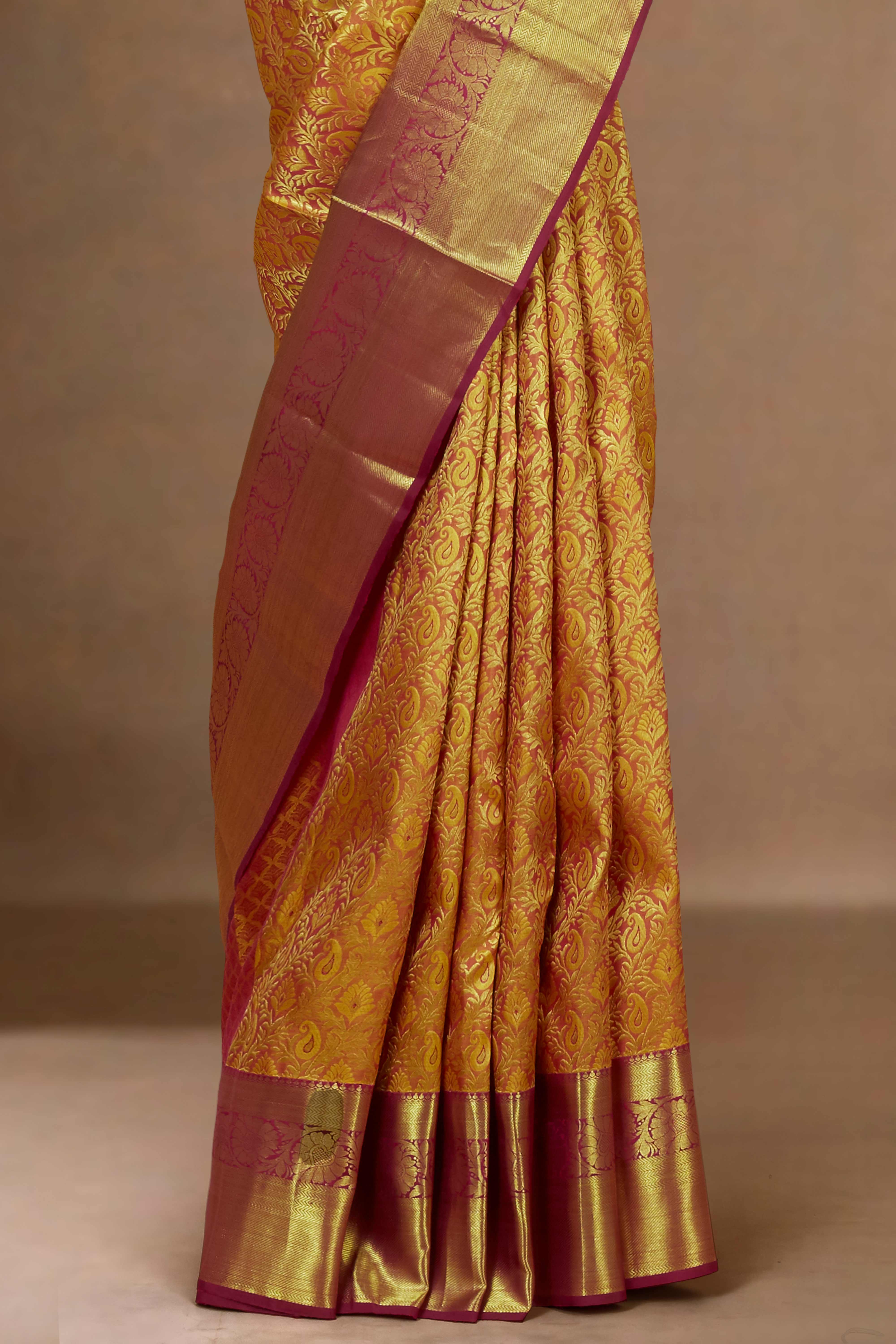 Golden Swayamvara Pattu Jacquard Work With Zari Woven Border - Image 3