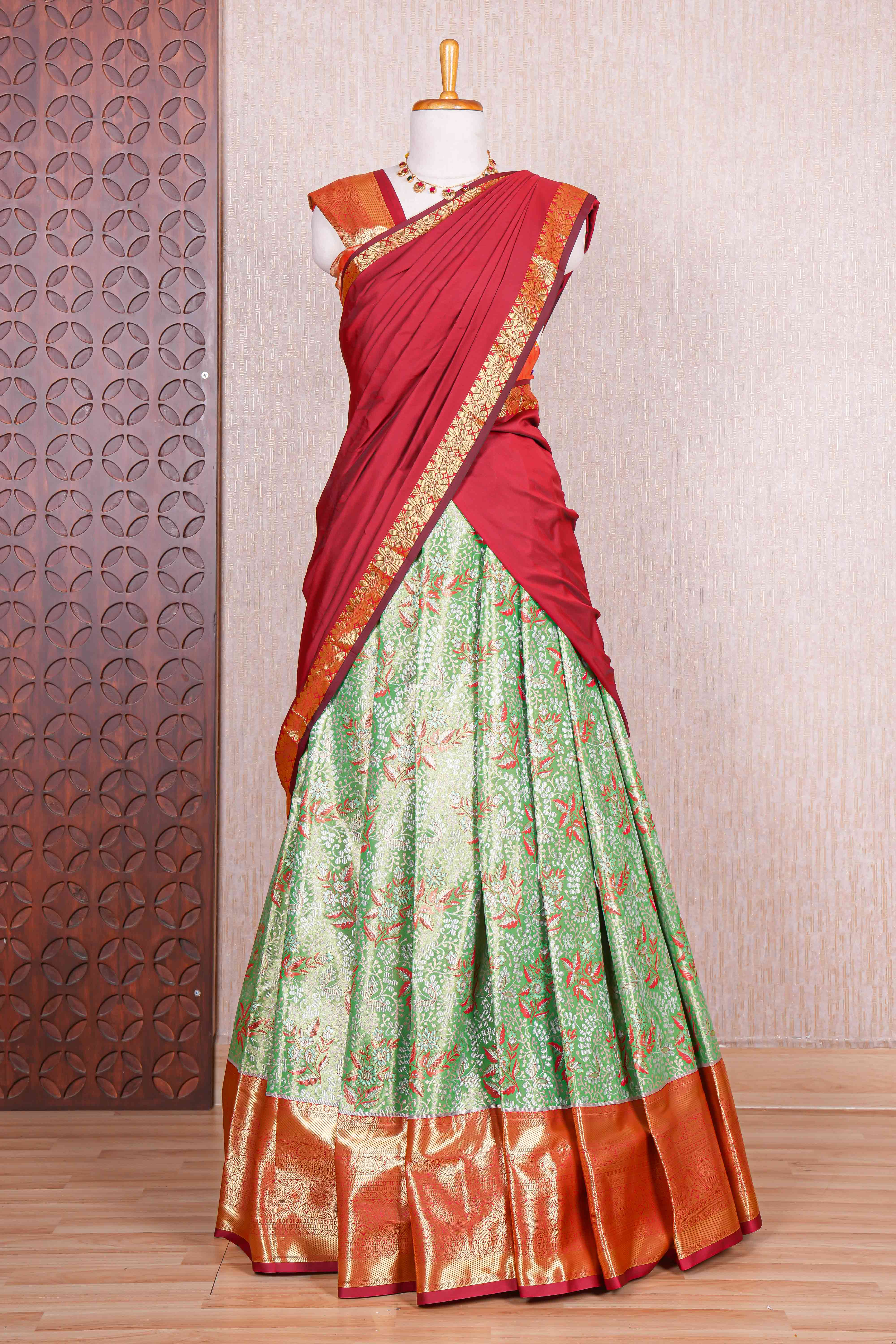 Green lavender jacquard floral zari design half saree with contrast zari border and dhavani - Image 2