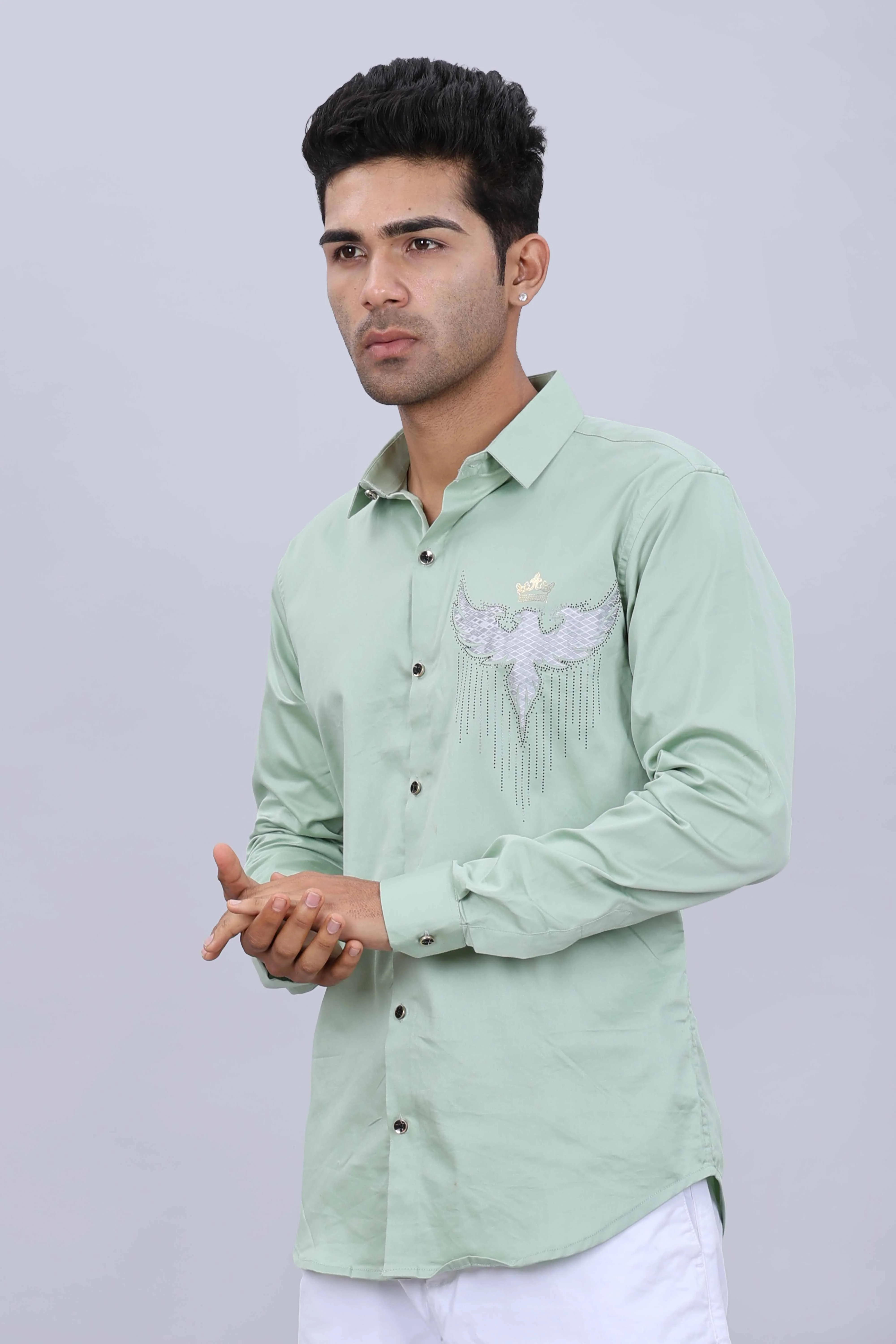 Men’s Slim Fit Casual Shirt in Satin Stone with Fancy Printed Collar - Image 3
