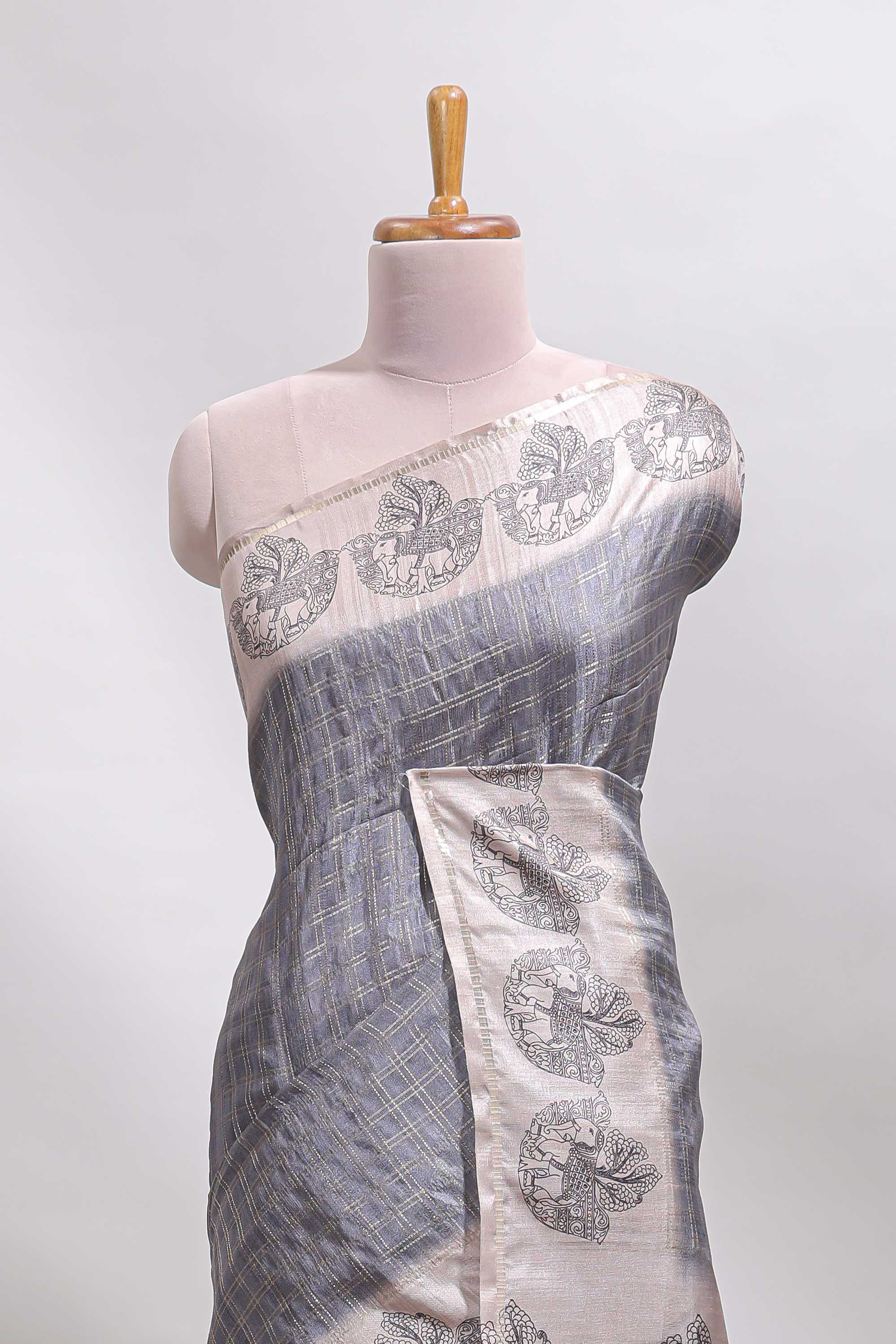 Grey checked tussar saree with contrast traditional elephant border and matching blouse - Image 3