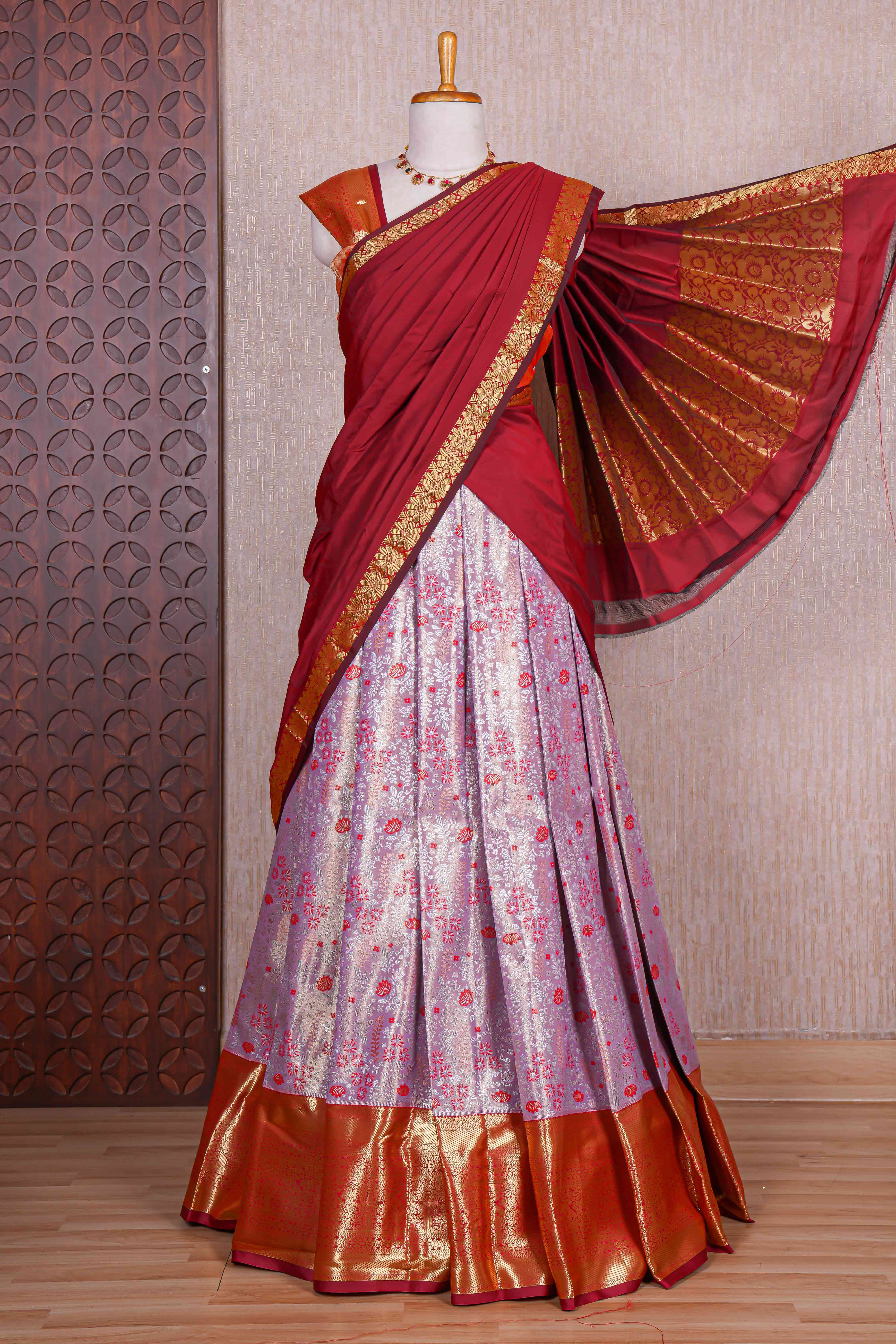 Pastel lavender jacquard floral zari design half saree with contrast zari border and dhavani - Image 4