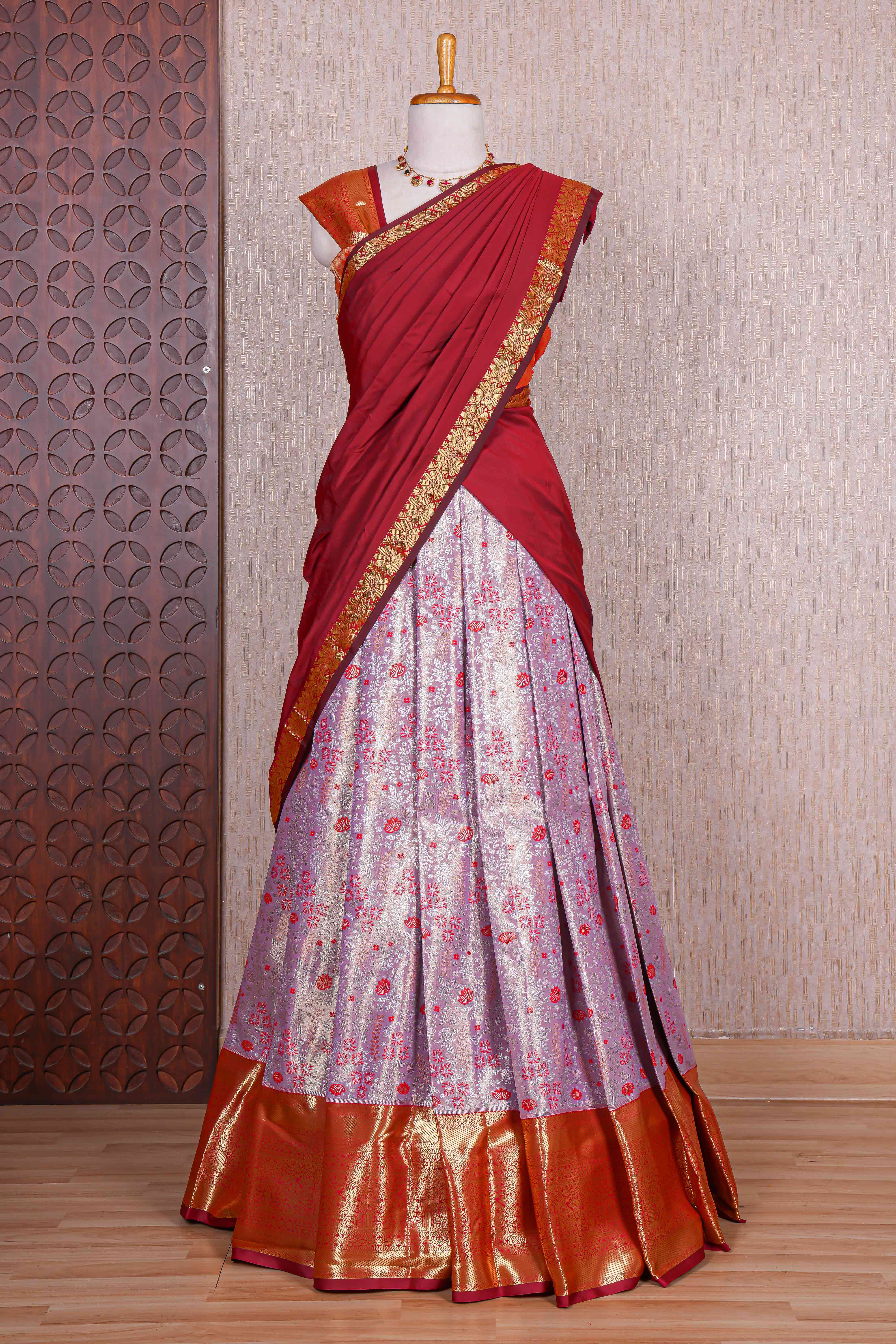 Pastel lavender jacquard floral zari design half saree with contrast zari border and dhavani - Image 5