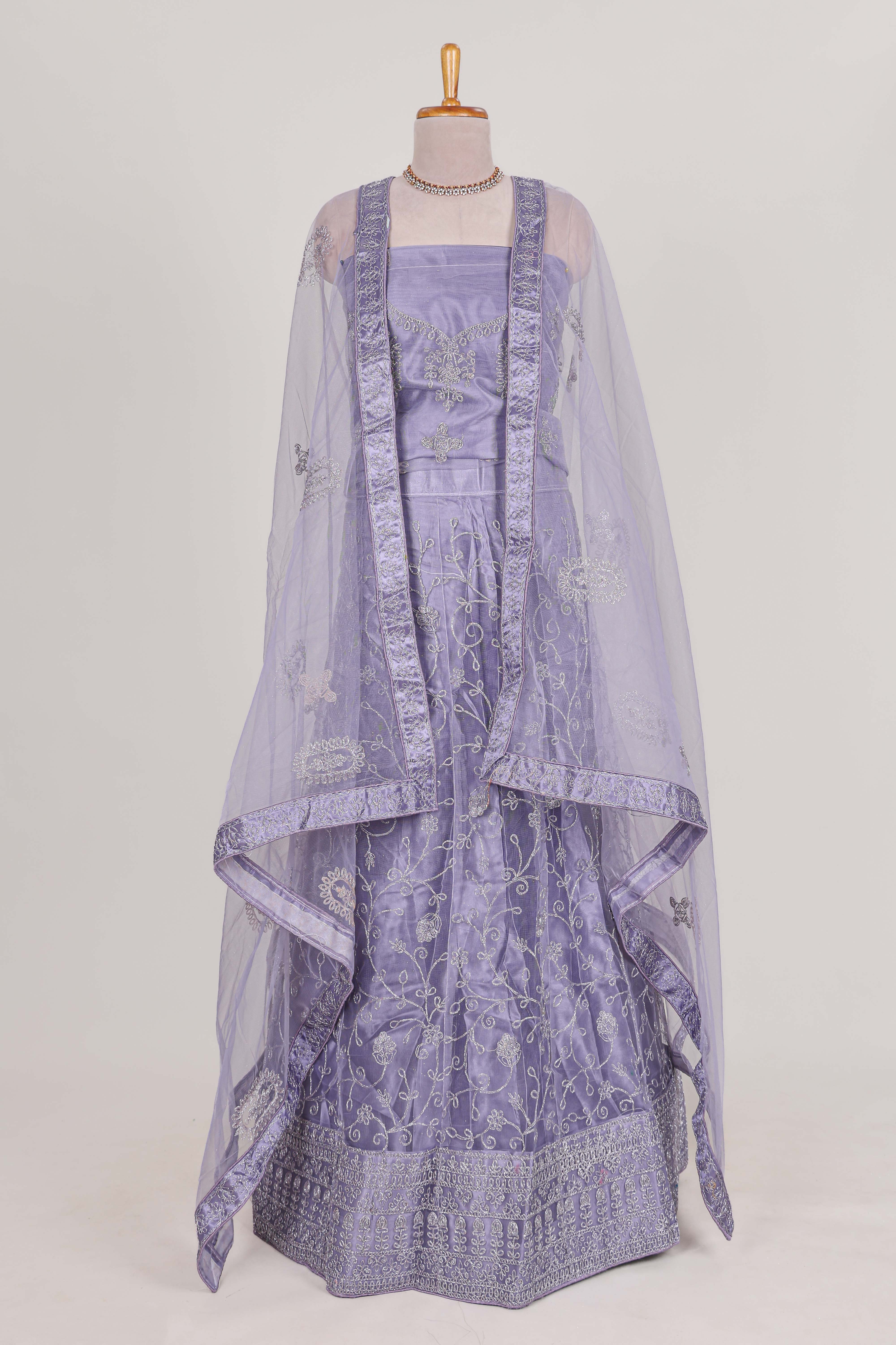 Lavender net lehenga with embroidery work and Paired with a matching net shawl - Image 3