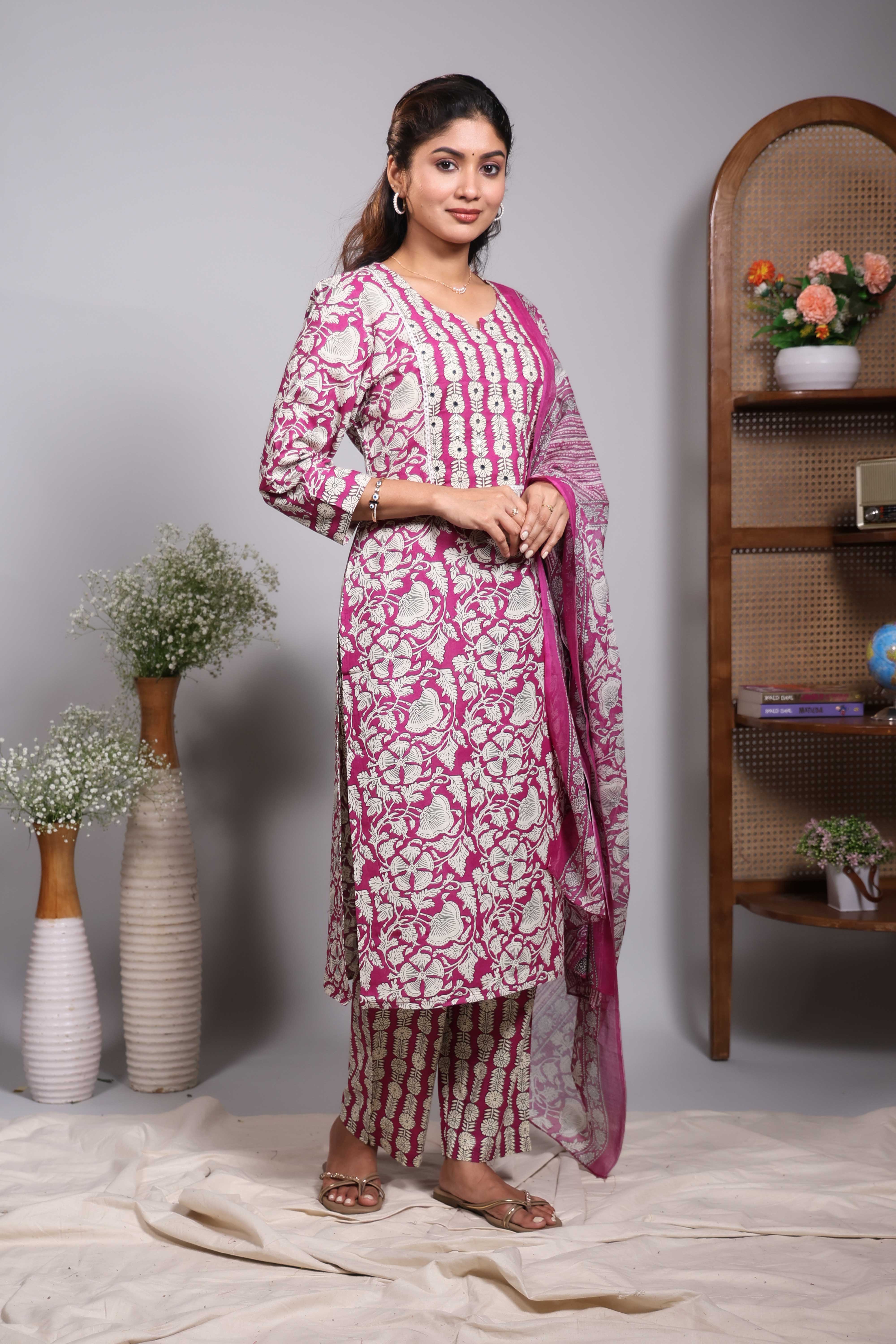 Pink floral design round neck salwar set with 3/4th sleeve, self bottom and matching dupatta - Image 4
