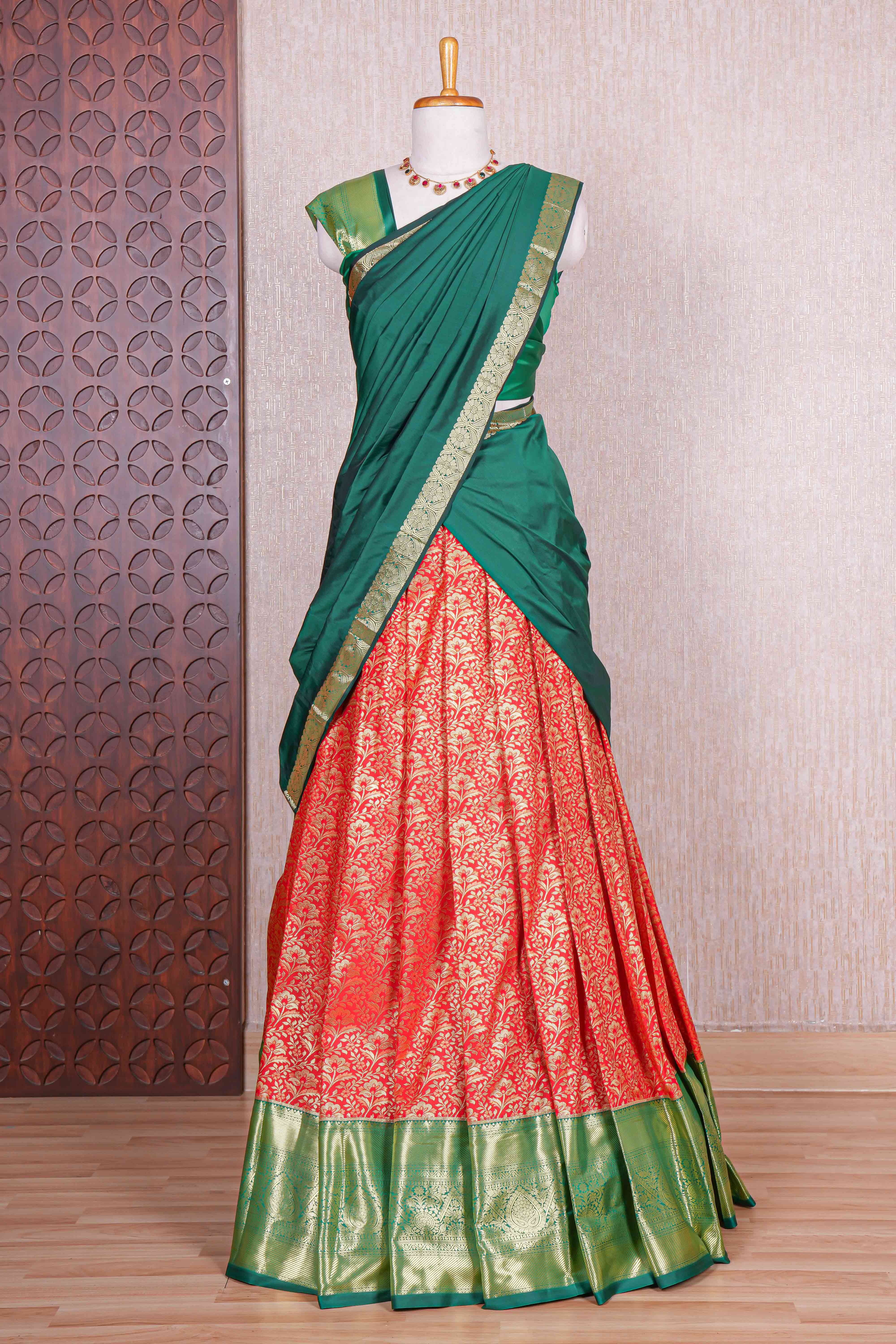 Maroon floral zari design half saree with contrast zari border and dhavani - Image 2