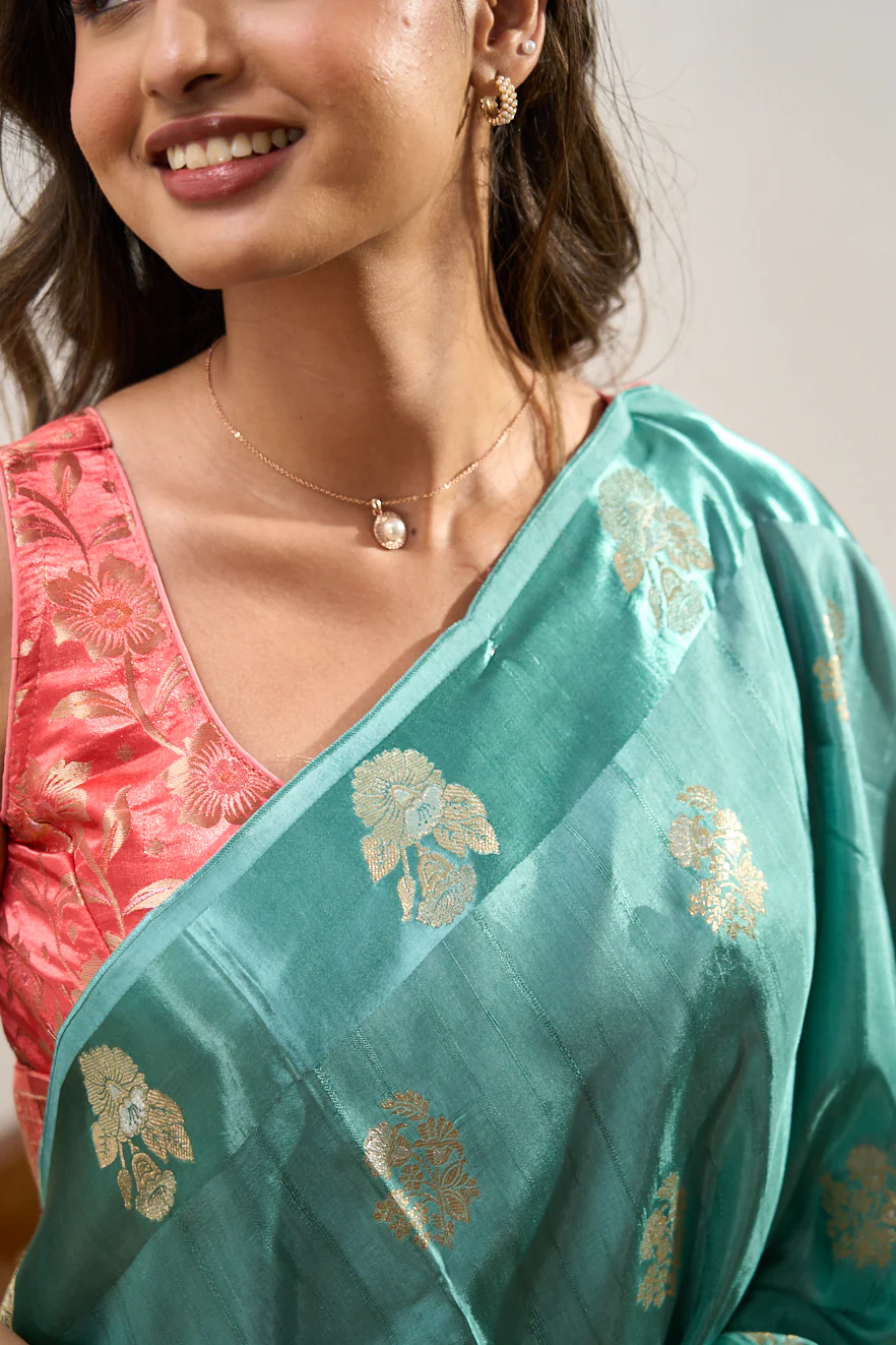 Mushru Silk With Gold Zari Floral Butta Designs Self Border - Image 3