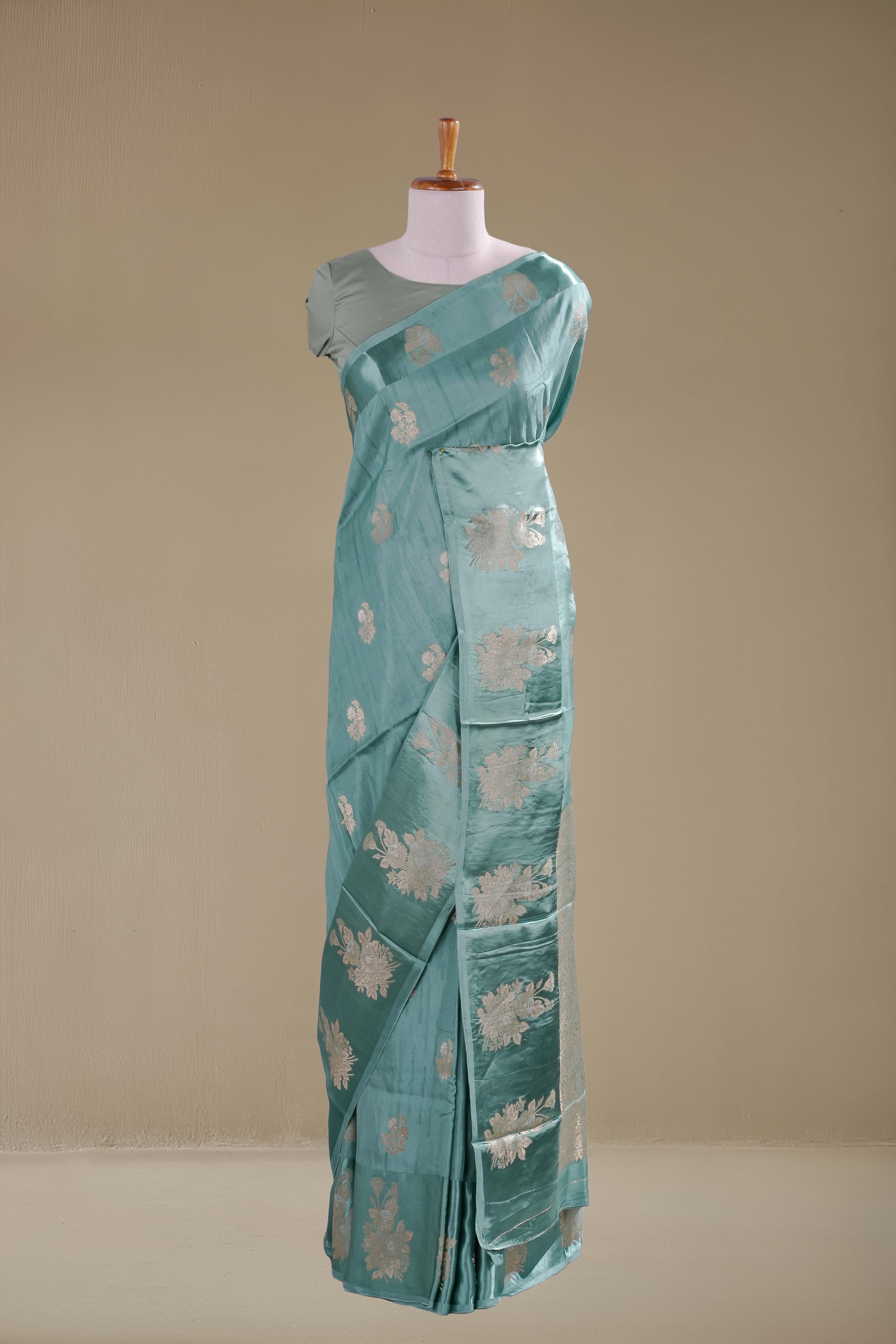 Mushru Silk With Gold Zari Floral Butta Designs Self Border - Image 4