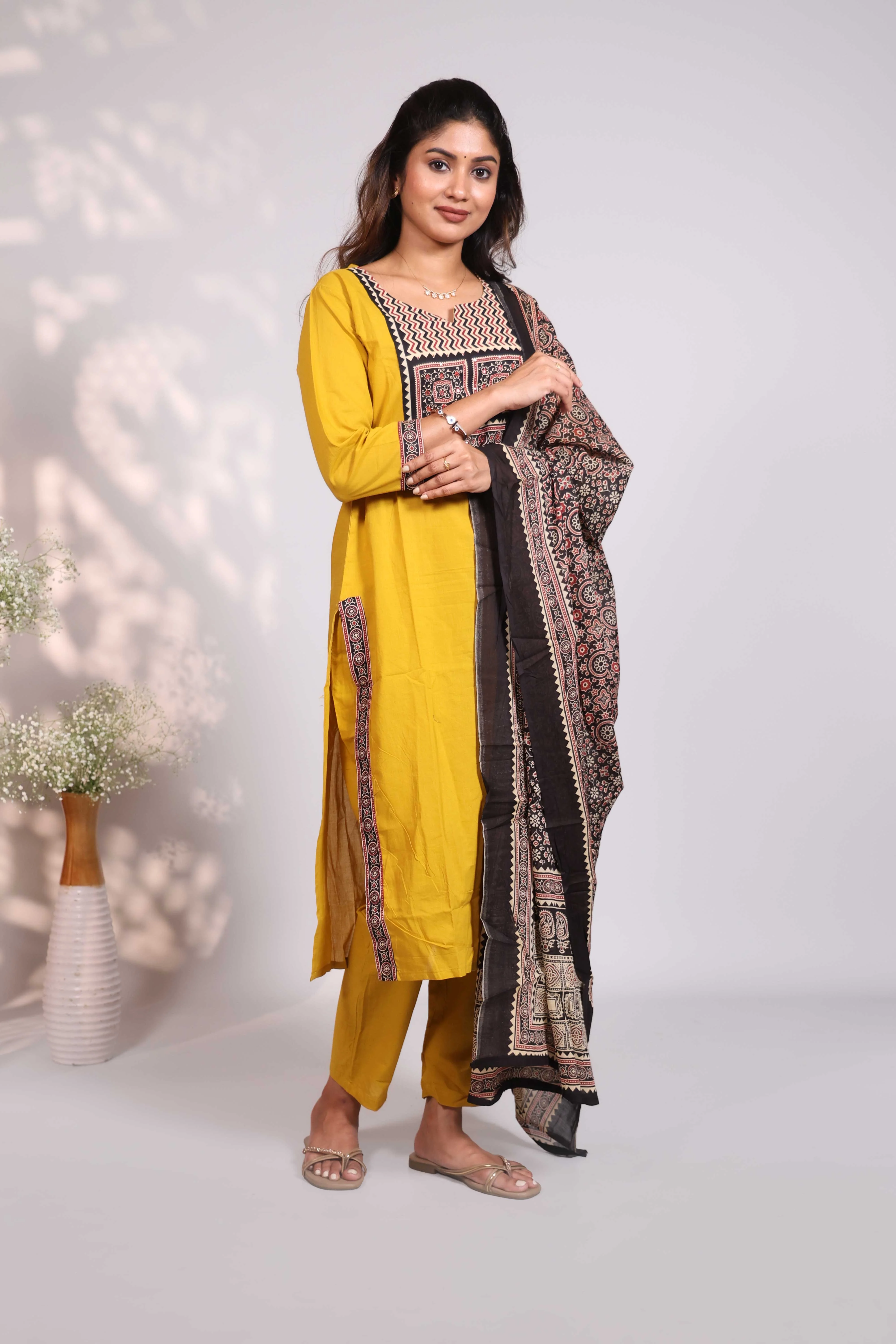 Mustard Cotton Salwar Suit with Mirror Work Neckline and Jaipuri Block Print Dupatta - Image 2