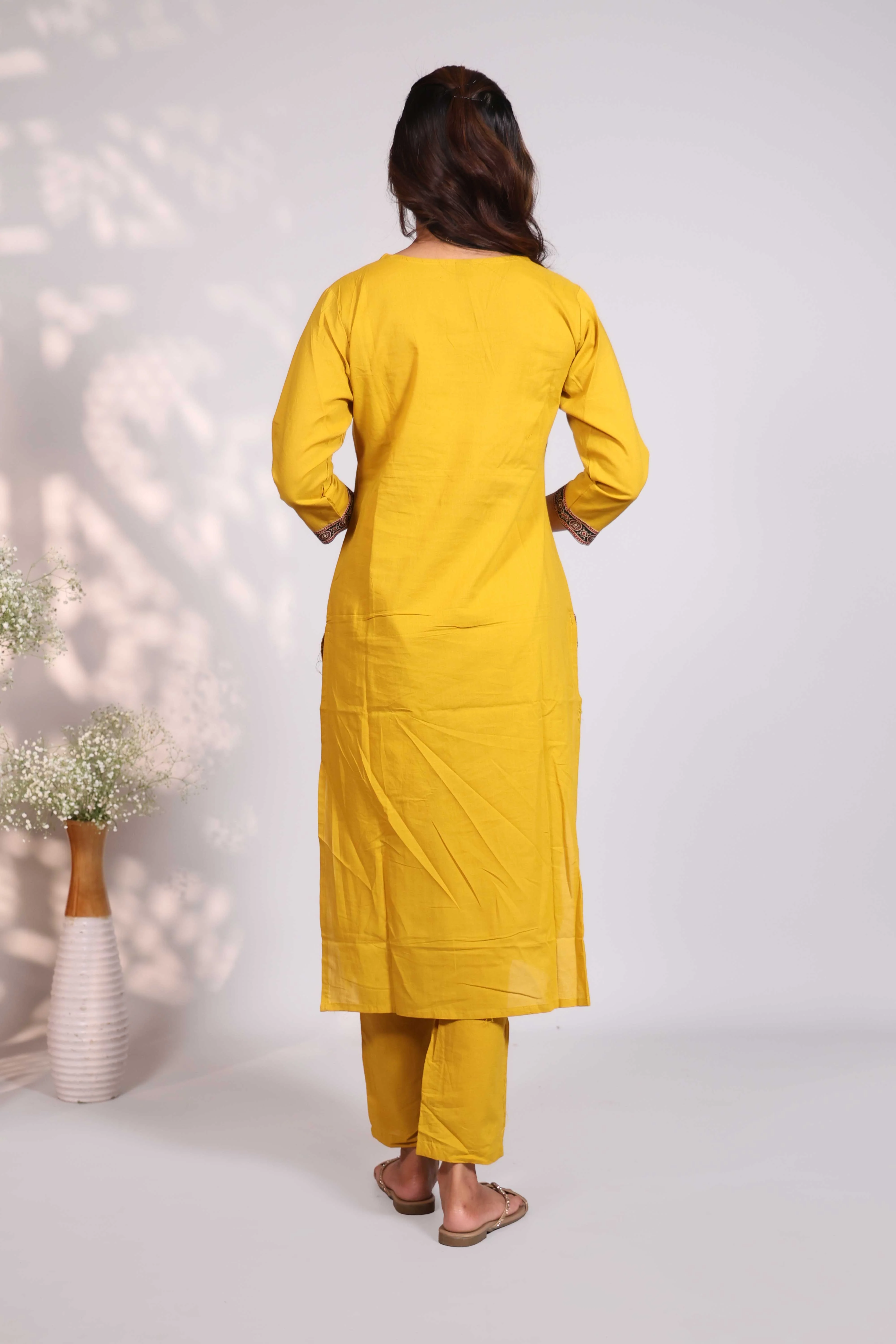 Mustard Cotton Salwar Suit with Mirror Work Neckline and Jaipuri Block Print Dupatta - Image 3