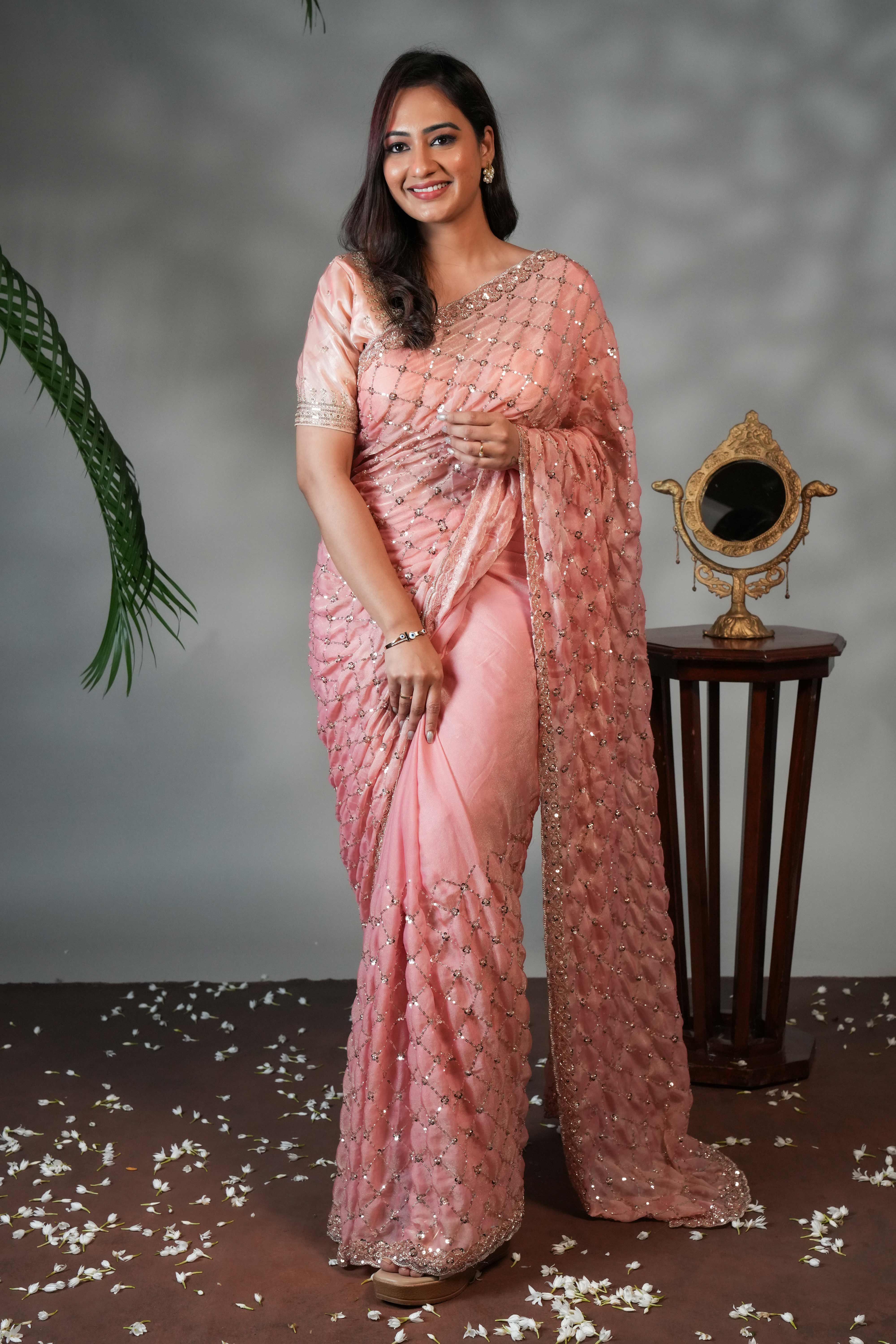 Peach geometric pattern stone work all over body designer saree with scallop design border matching blouse - Image 2