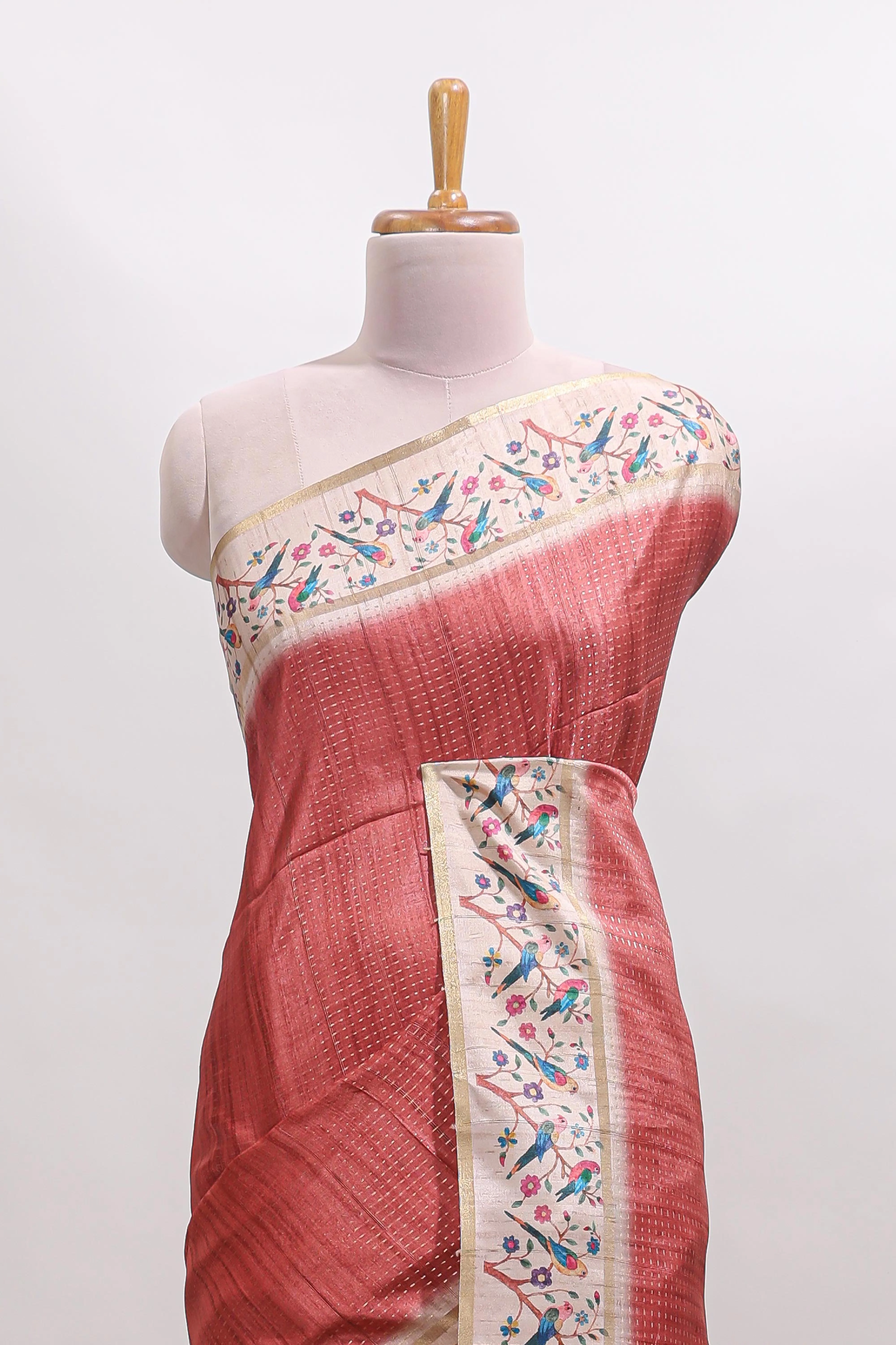 Peach striped tussar saree with contrast birds & floral design border and floral printed blouse - Image 3