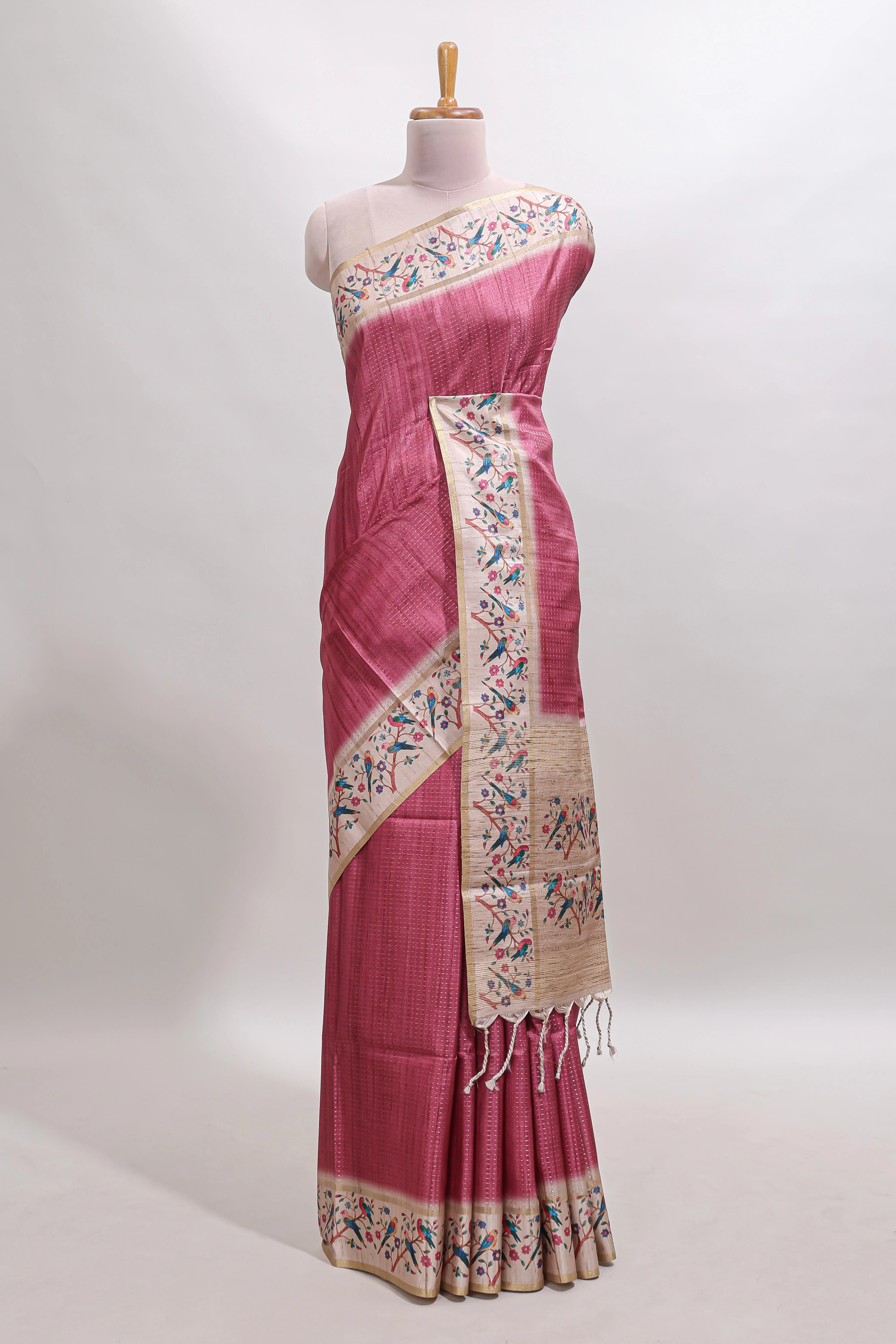 Pink striped tussar saree with contrast birds & floral design border and floral printed blouse - Image 2