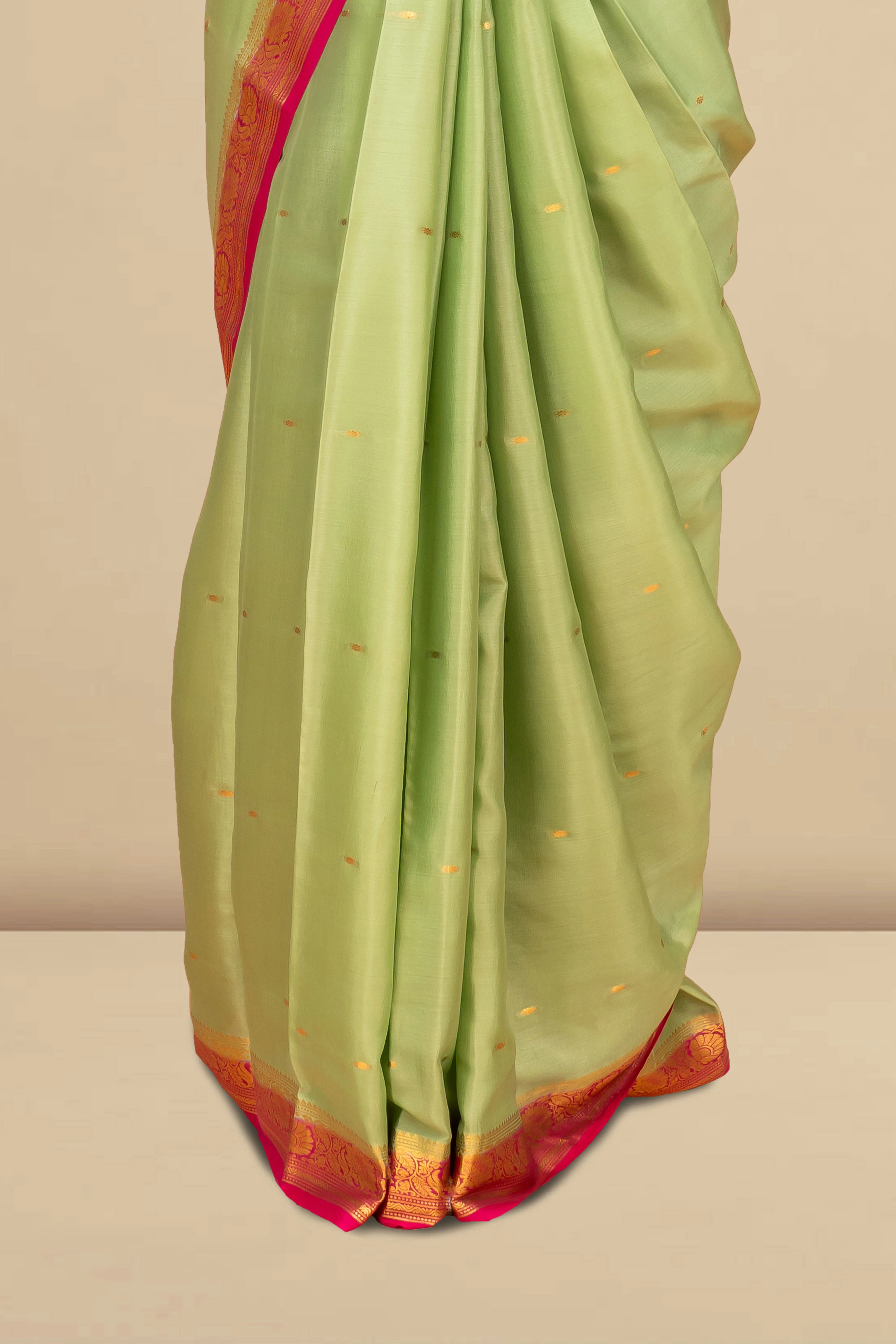 Pista Green Pure Mysore Silk Saree with Contrast Maroon Zari Border, Gold Butta Motifs & Rich Pallu - Image 3