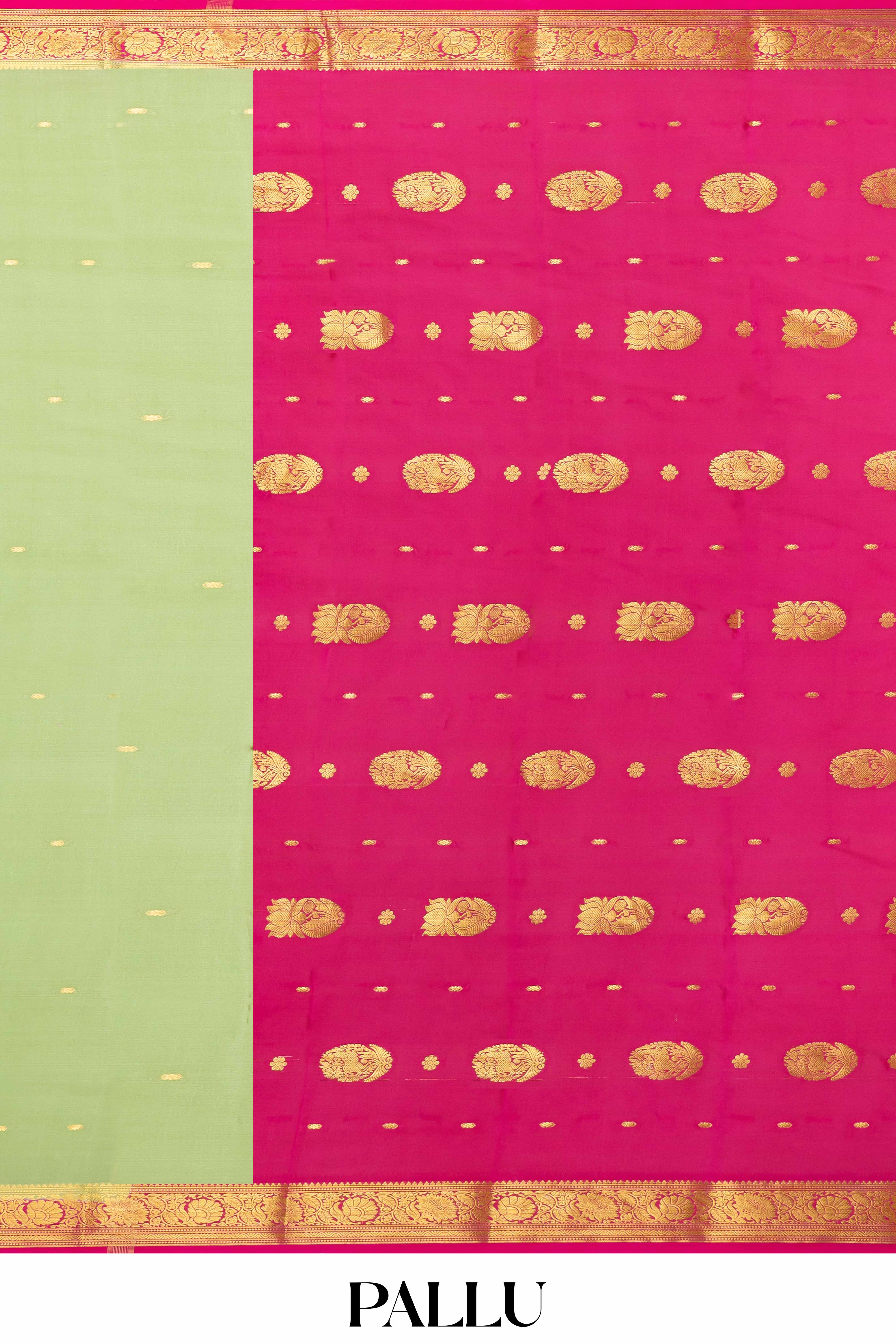 Pista Green Pure Mysore Silk Saree with Contrast Maroon Zari Border, Gold Butta Motifs & Rich Pallu - Image 4
