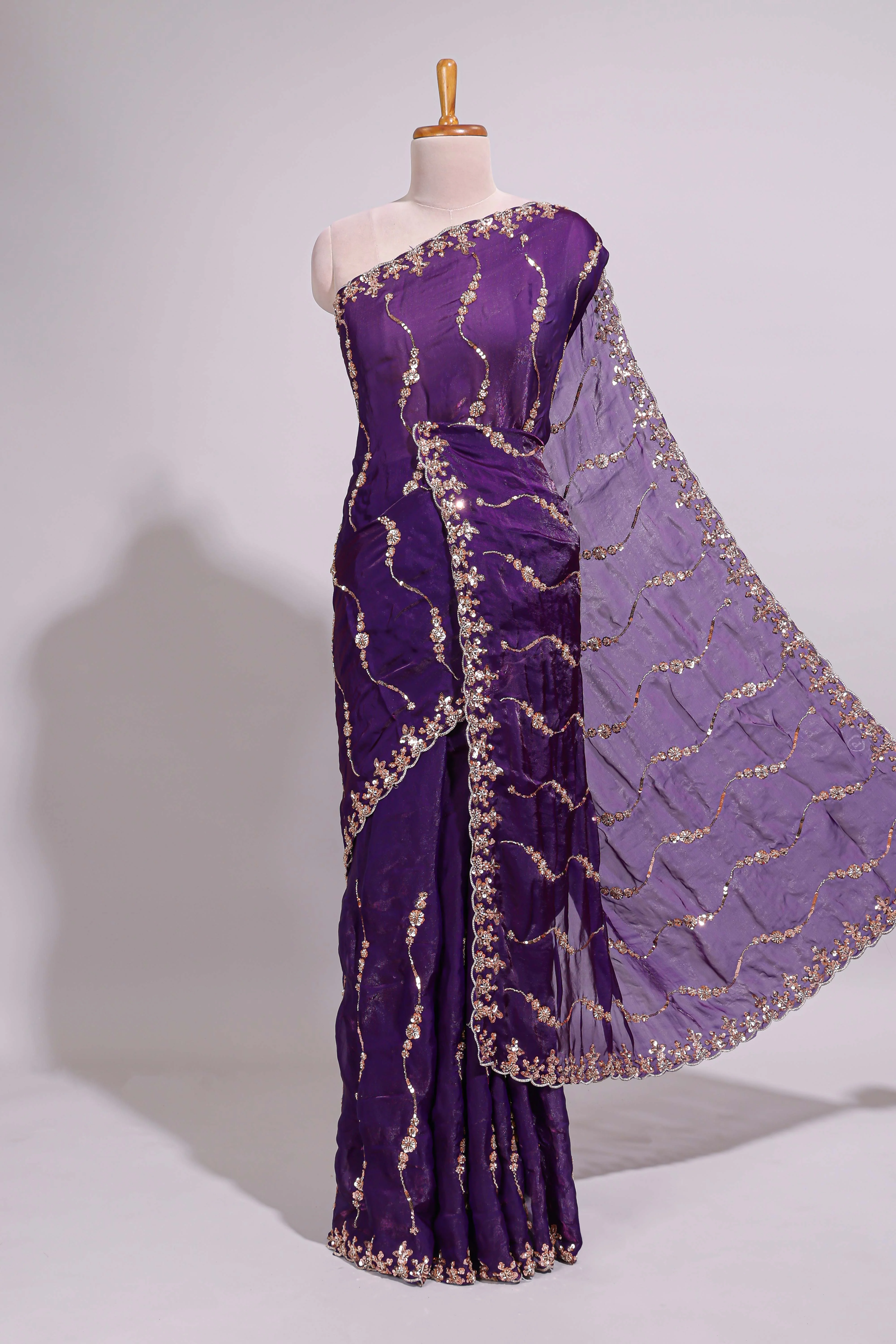 Purple saree with gold sequin wave pattern floral embellished border and matching designer pallu along with work blouse - Image 2