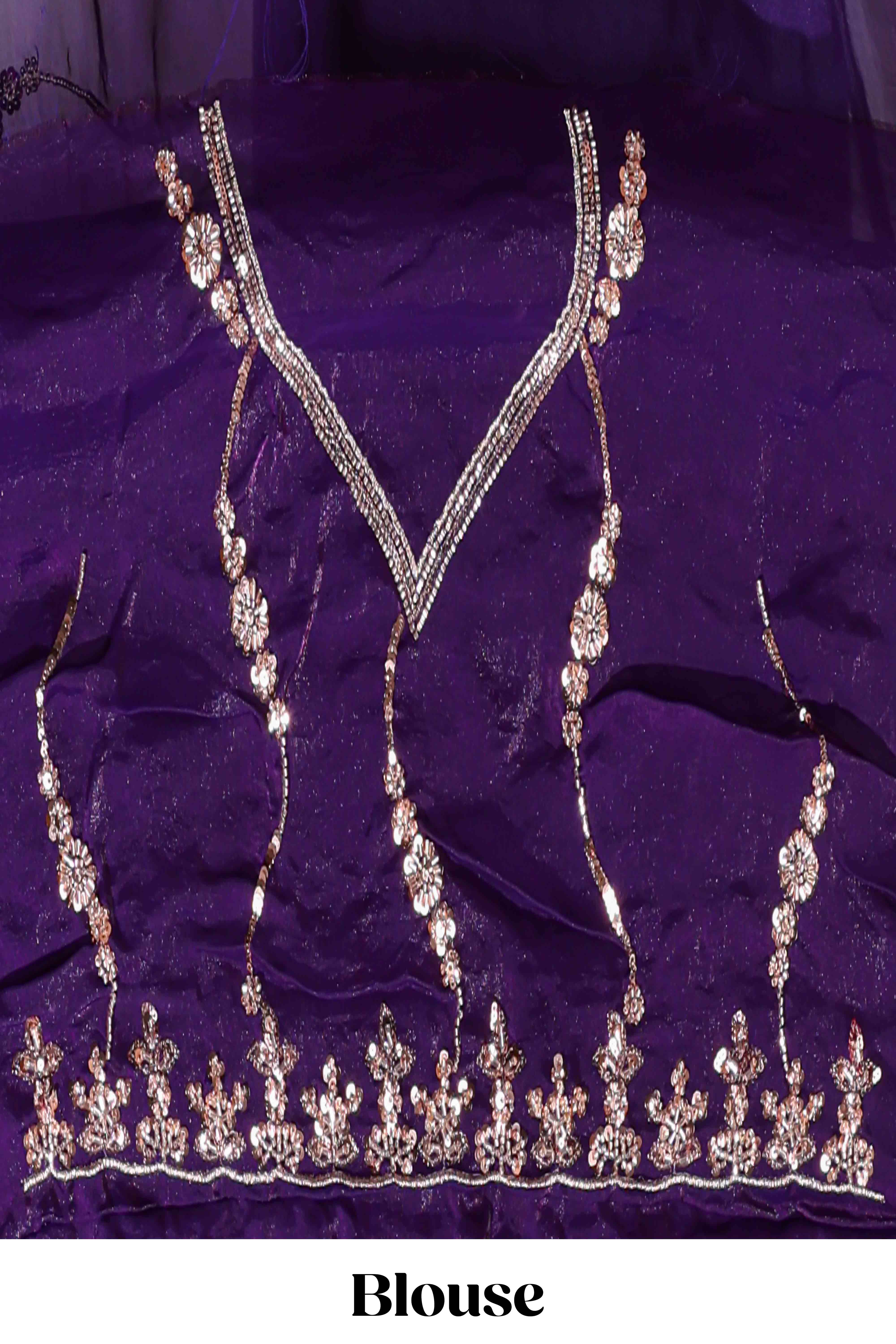 Purple saree with gold sequin wave pattern floral embellished border and matching designer pallu along with work blouse - Image 5