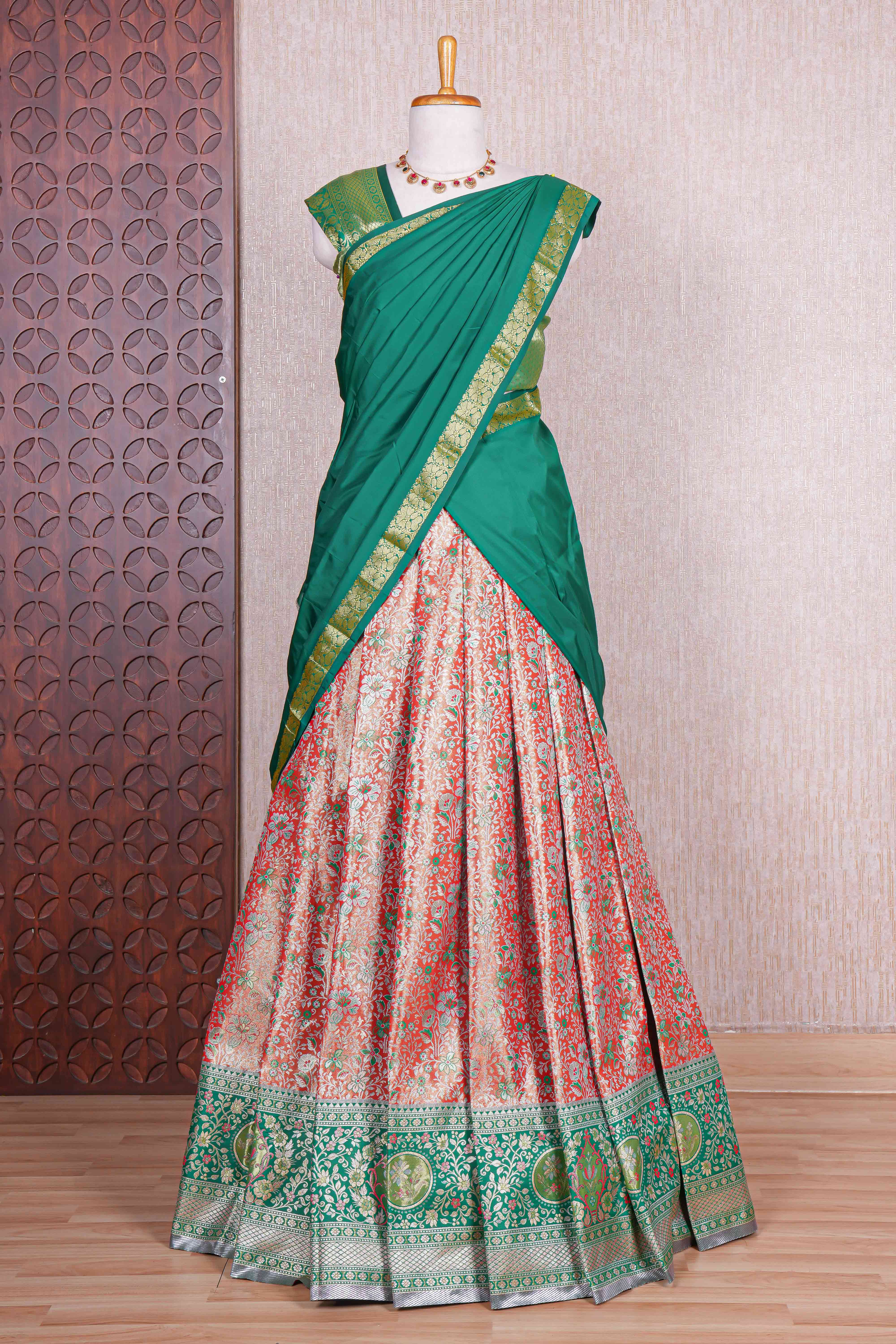 Red jacquard floral zari design half saree with contrast zari border and dhavani - Image 2