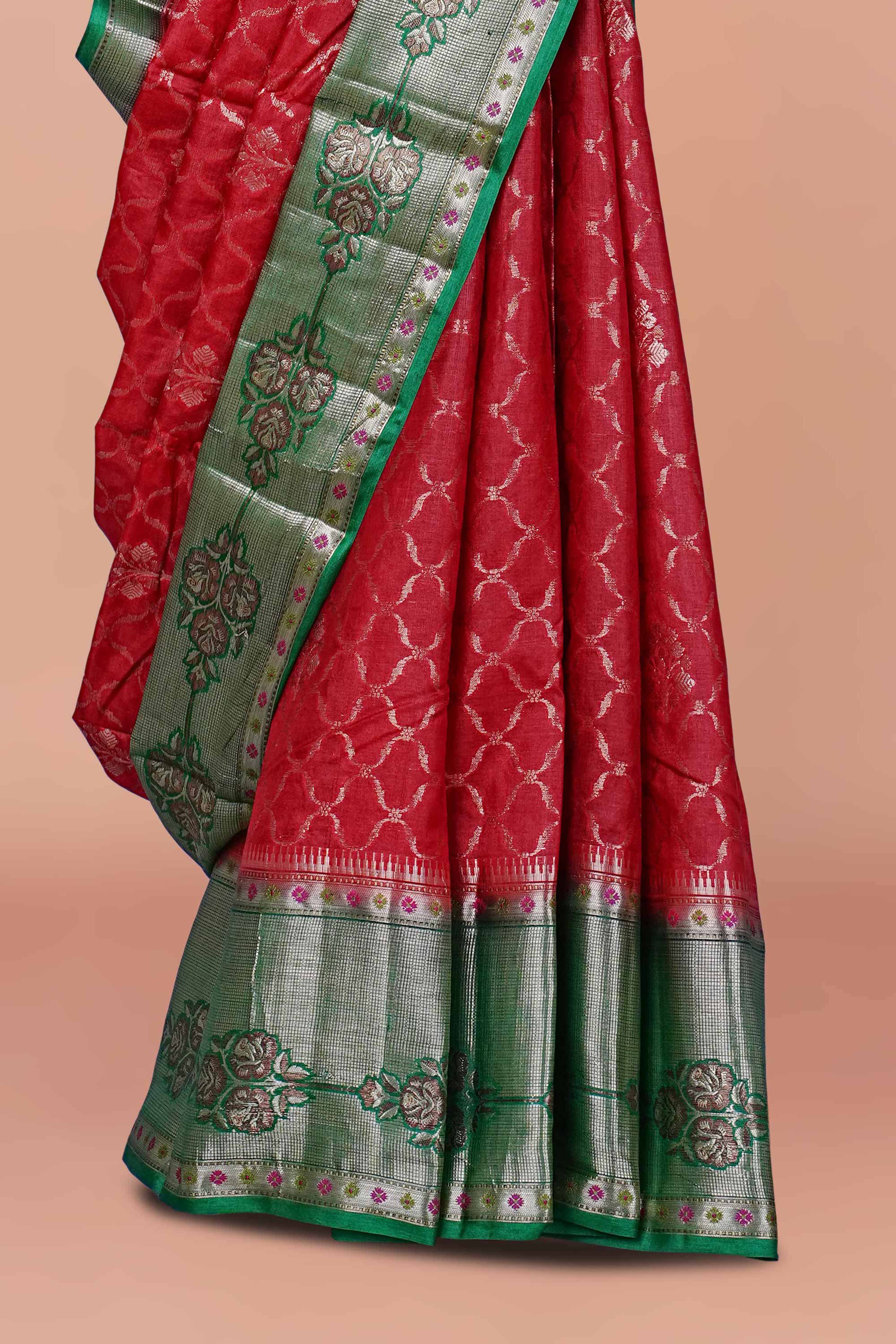 Pure Tussar Silk Saree in Deep Red with Green Border and Silver Zari Floral Weaving – Elegant Festive Collection - Image 3