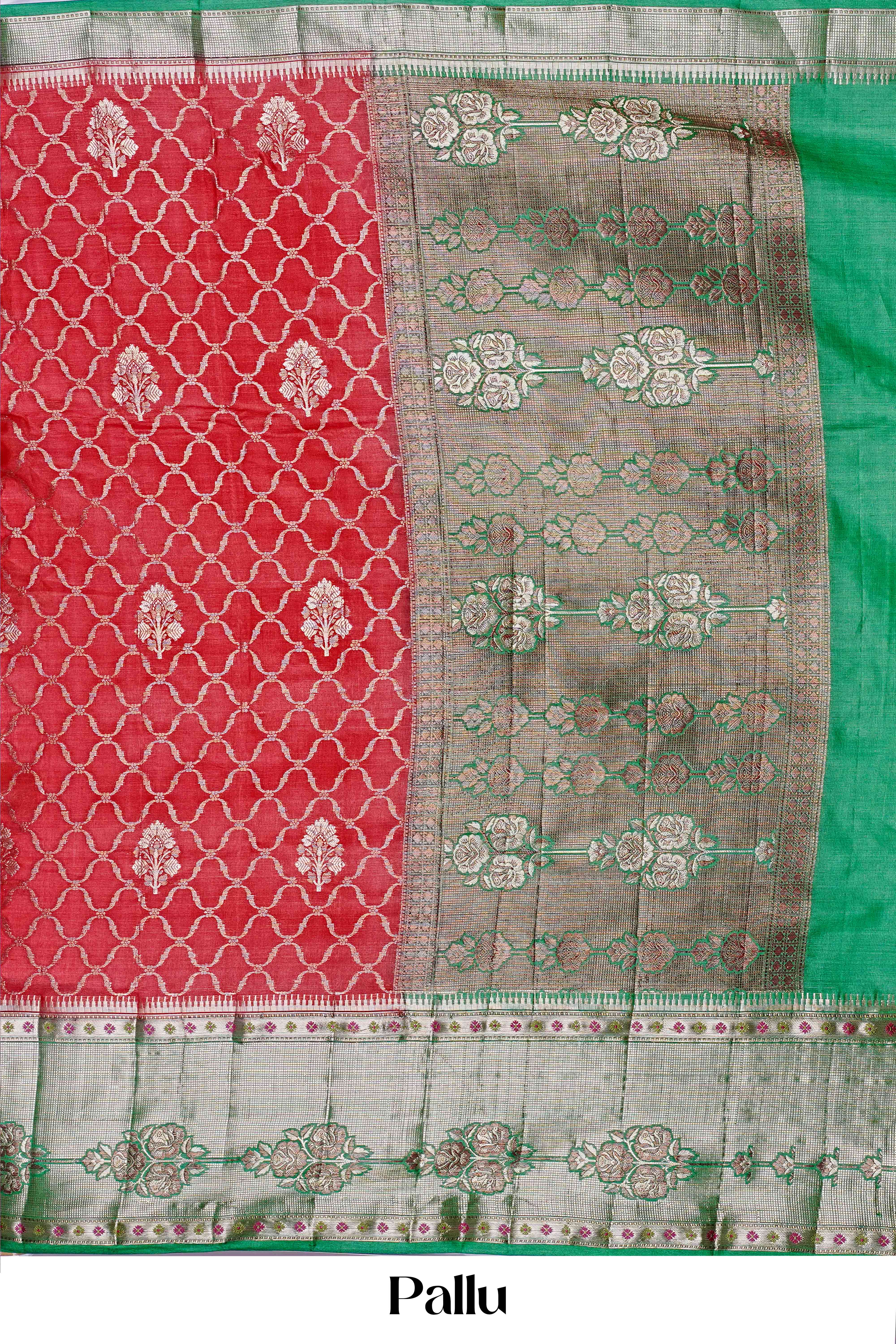 Pure Tussar Silk Saree in Deep Red with Green Border and Silver Zari Floral Weaving – Elegant Festive Collection - Image 4