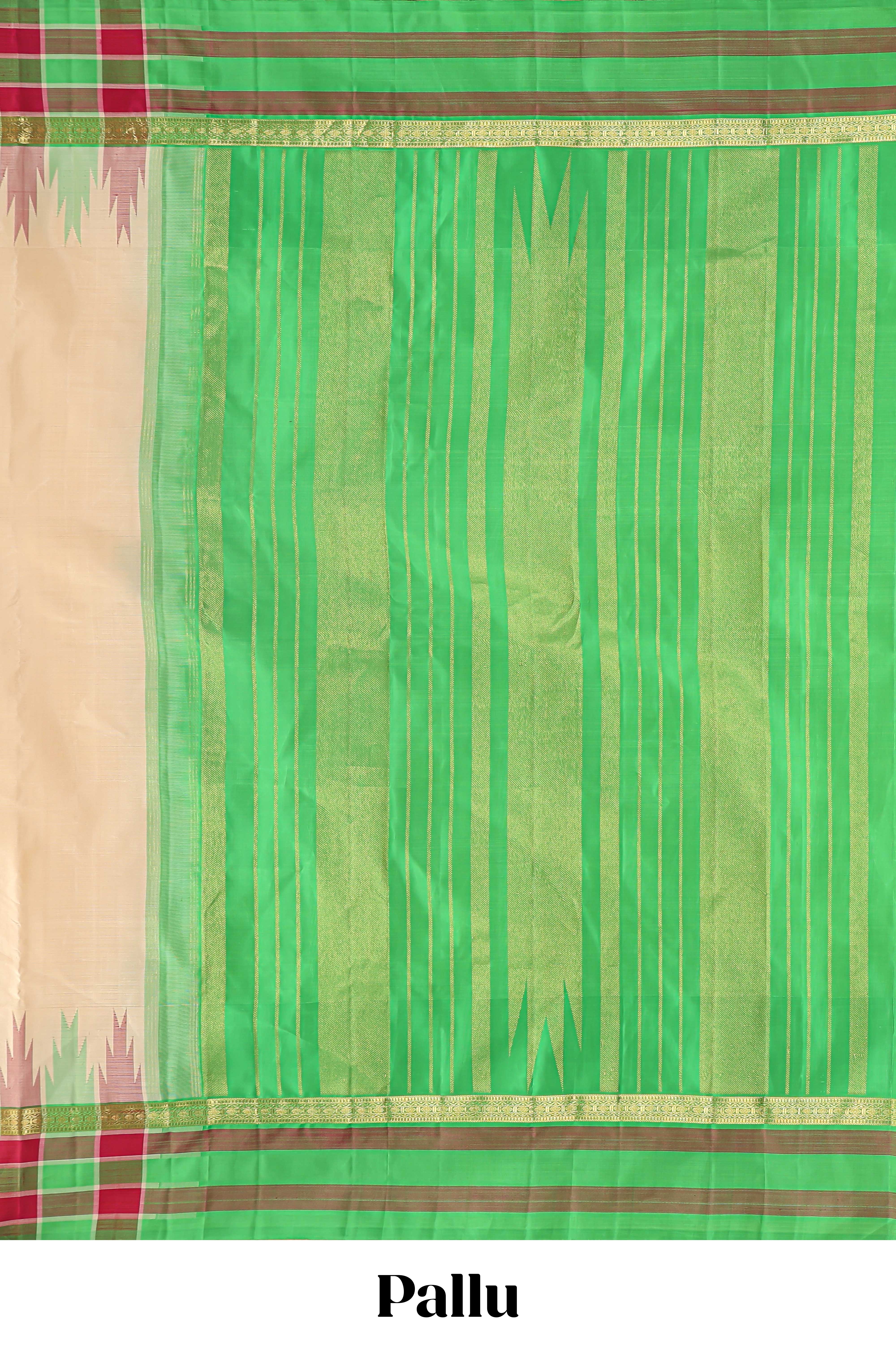 Sandal plain parambariya pattu saree with contrast checked ikkat style border and zari striped pallu - Image 8