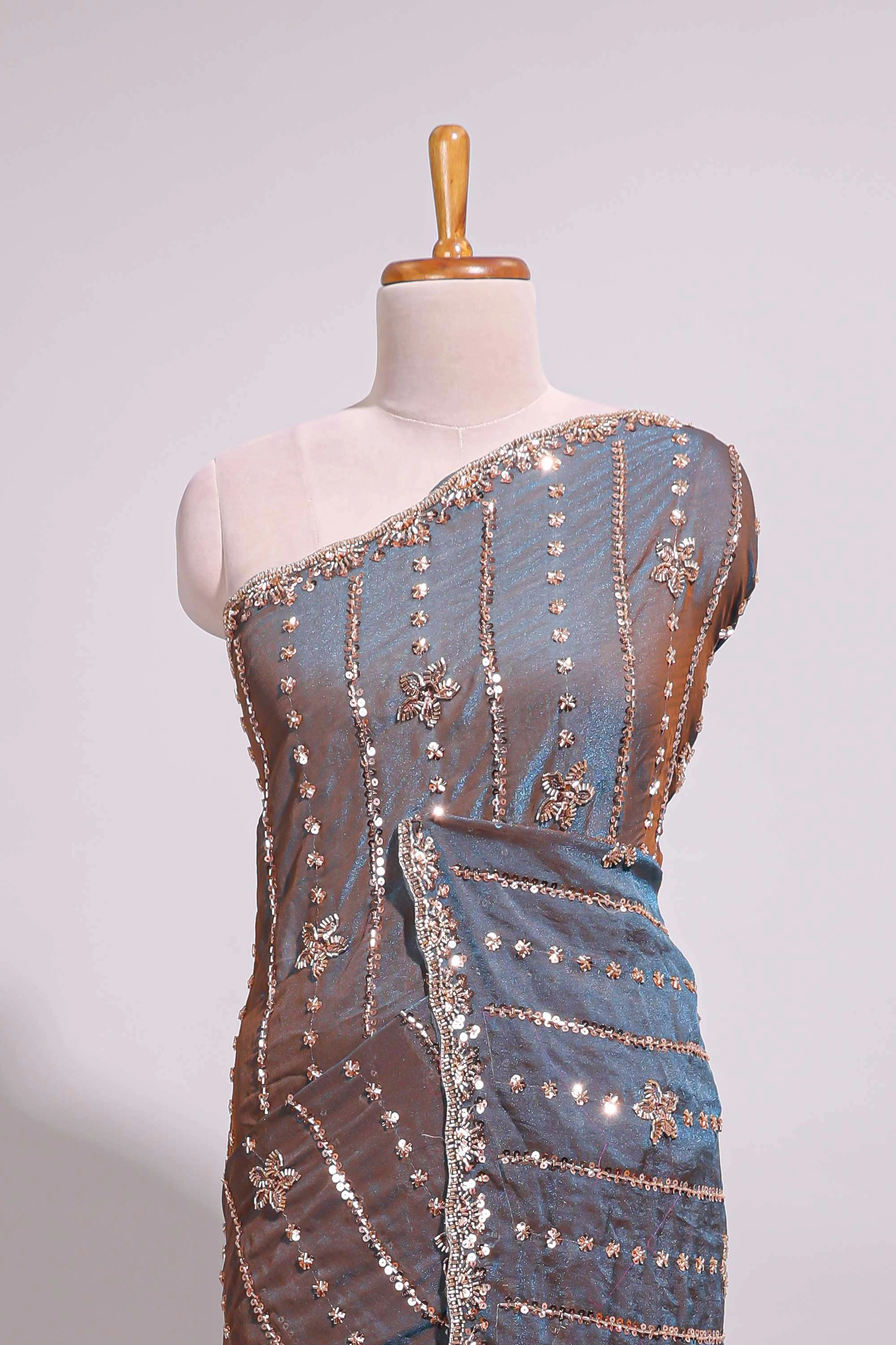 Steel blue saree with silver sequin floral motifs vertical stripe detailing and an embellished border along with blouse - Image 3