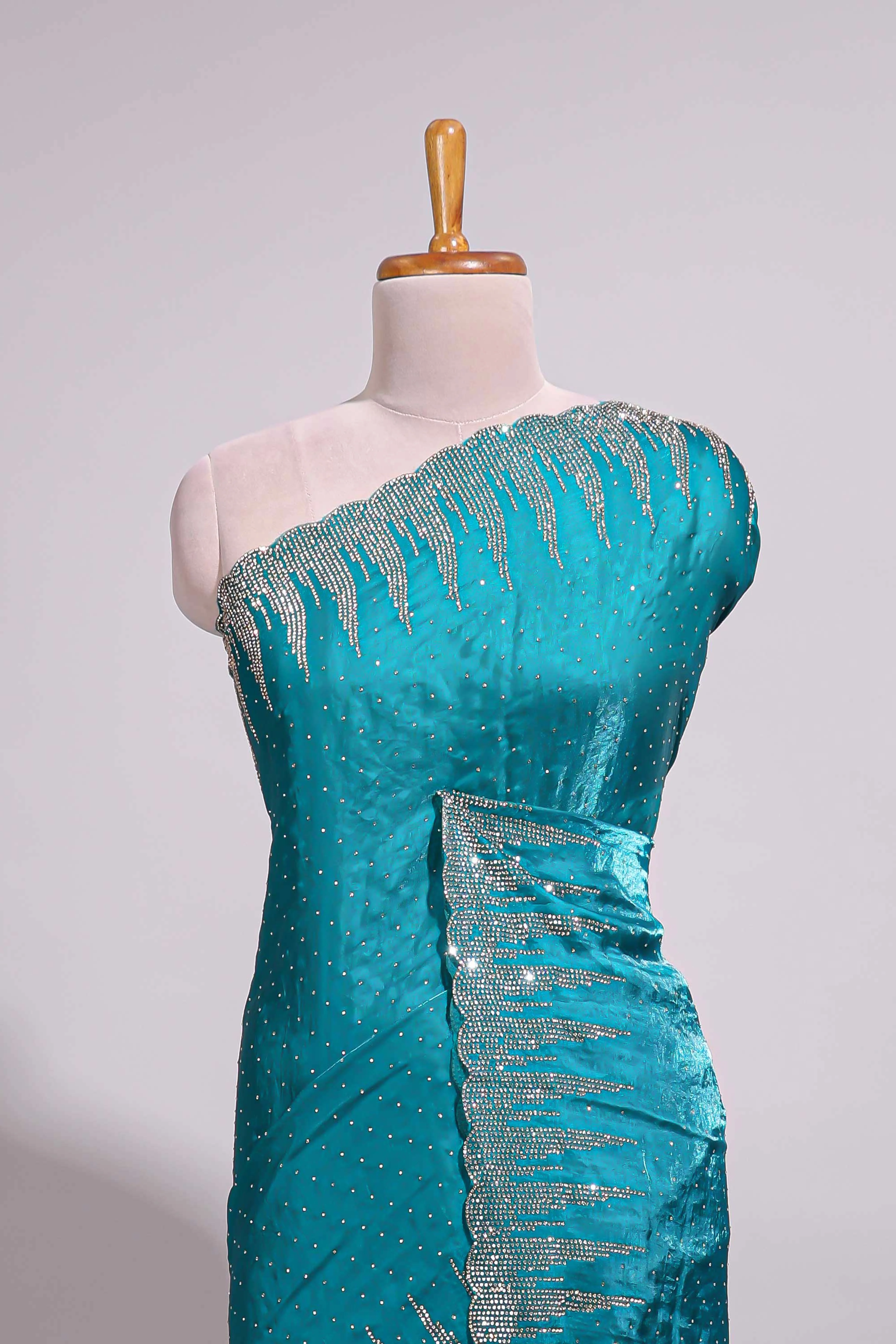 Teal blue saree with sequin striped embroidery scattered butti detailing and embellished border along with matching blouse - Image 3