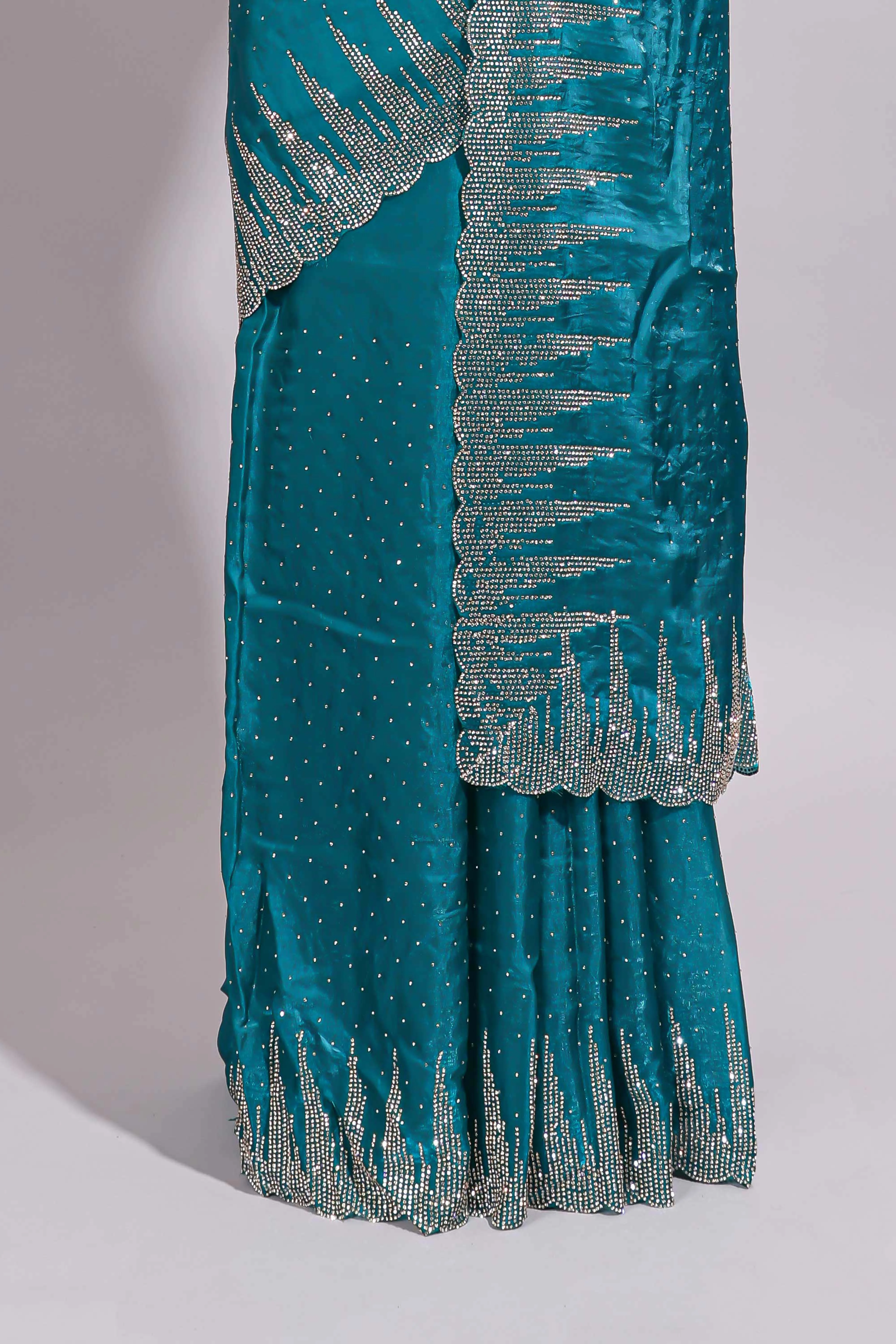 Teal blue saree with sequin striped embroidery scattered butti detailing and embellished border along with matching blouse - Image 4