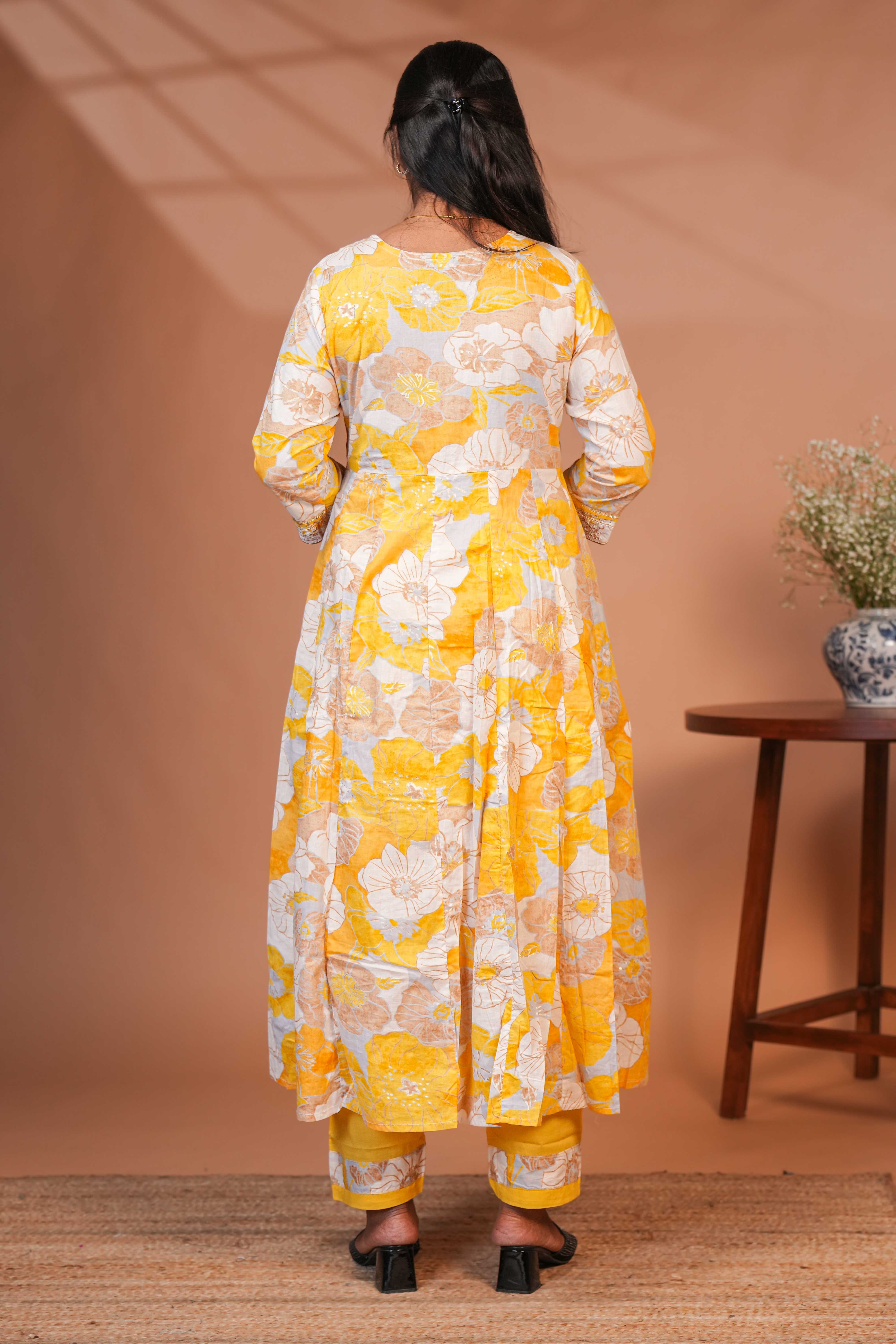 Yellow floral printed A line anarkali 3/4th slevee with round neck matching bottom - Image 5