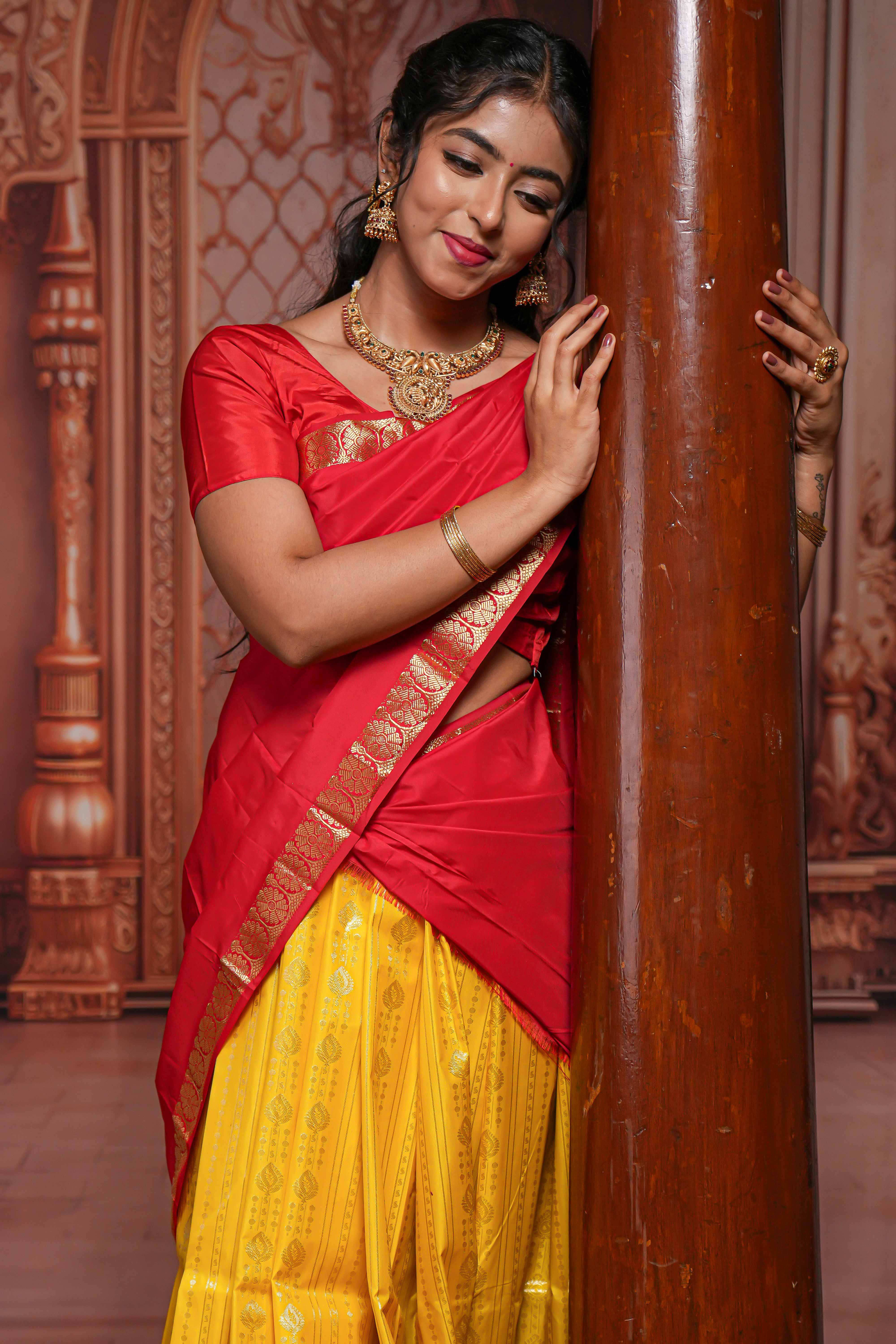 Yellow striped zari butta design half saree with contrast zari border and dhavani - Image 3