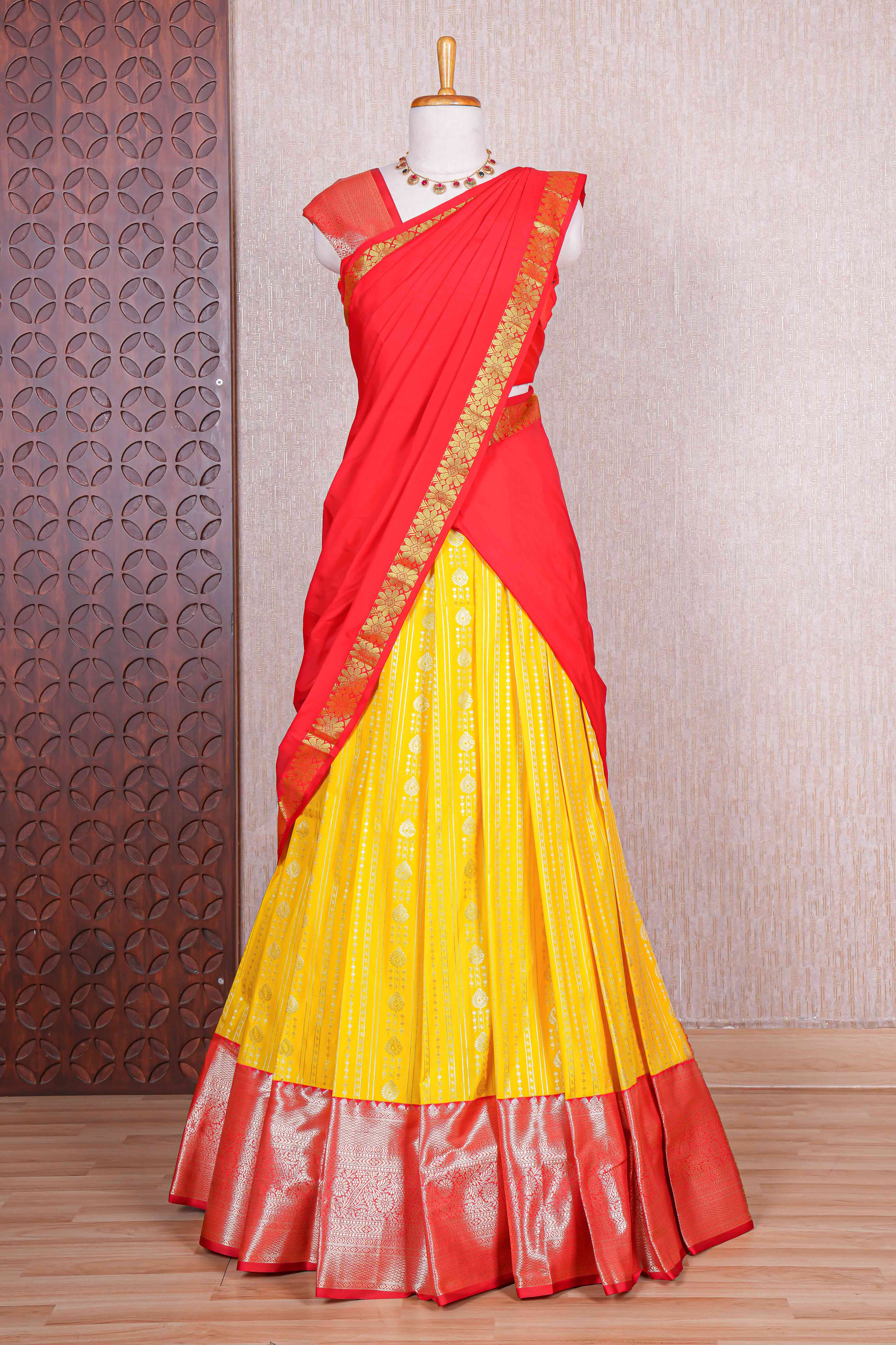 Yellow striped zari butta design half saree with contrast zari border and dhavani - Image 5