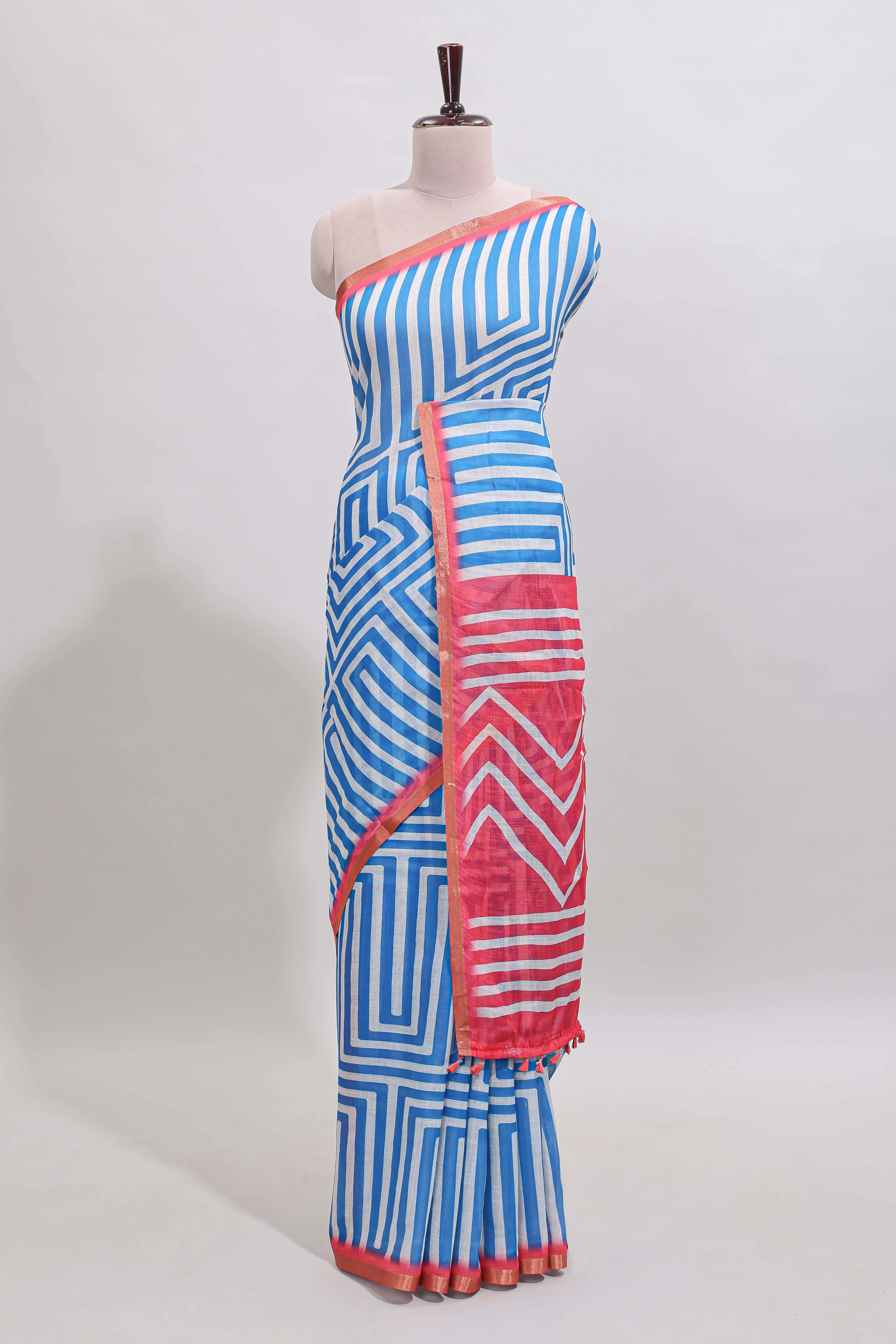 Sky blue geometric design linen cotton saree with contrast zari border and pallu - Image 2