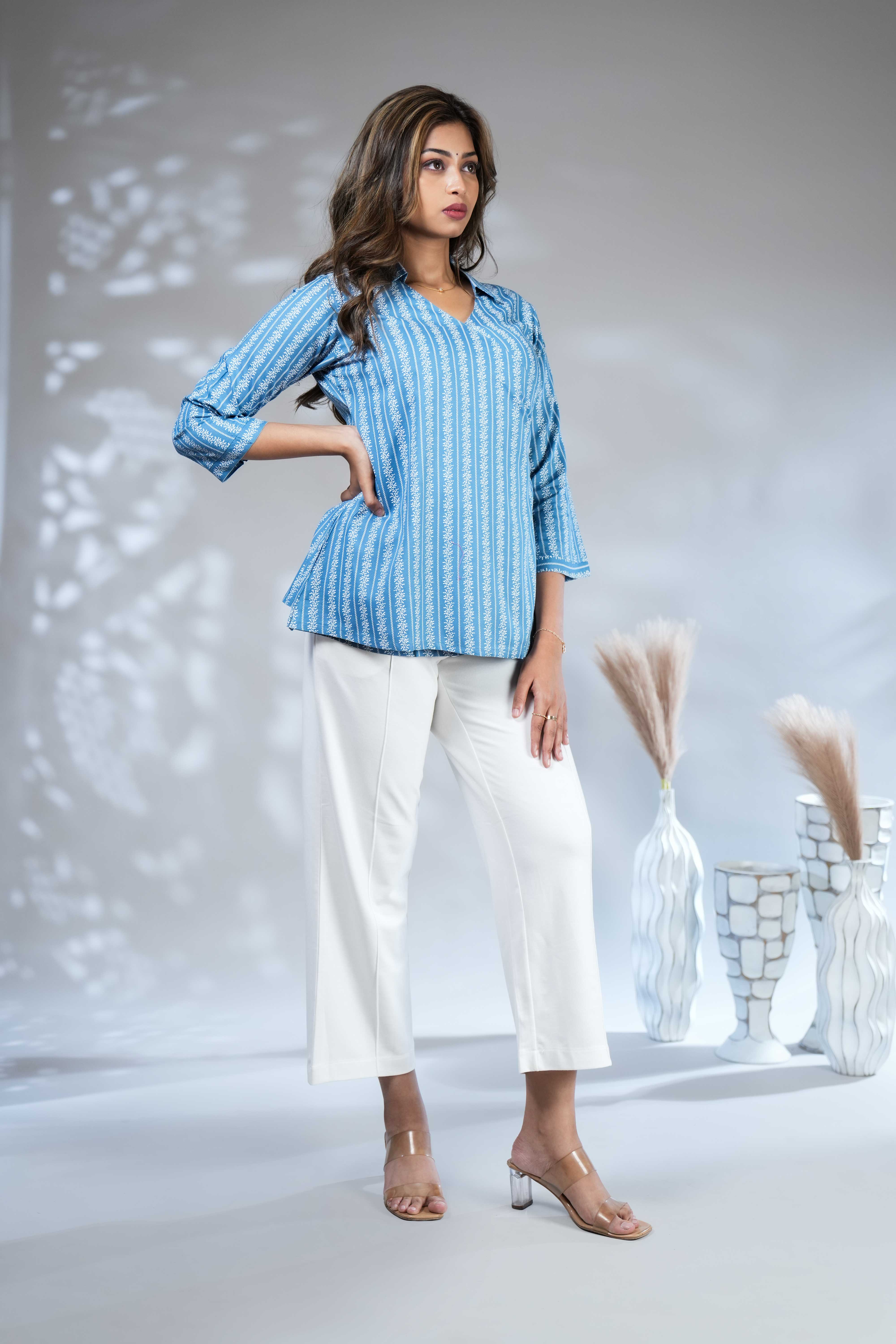 Sky blue floral design Short Kurti with Vertical Stripes, 3/4 Sleeves Collar Neck - Image 3